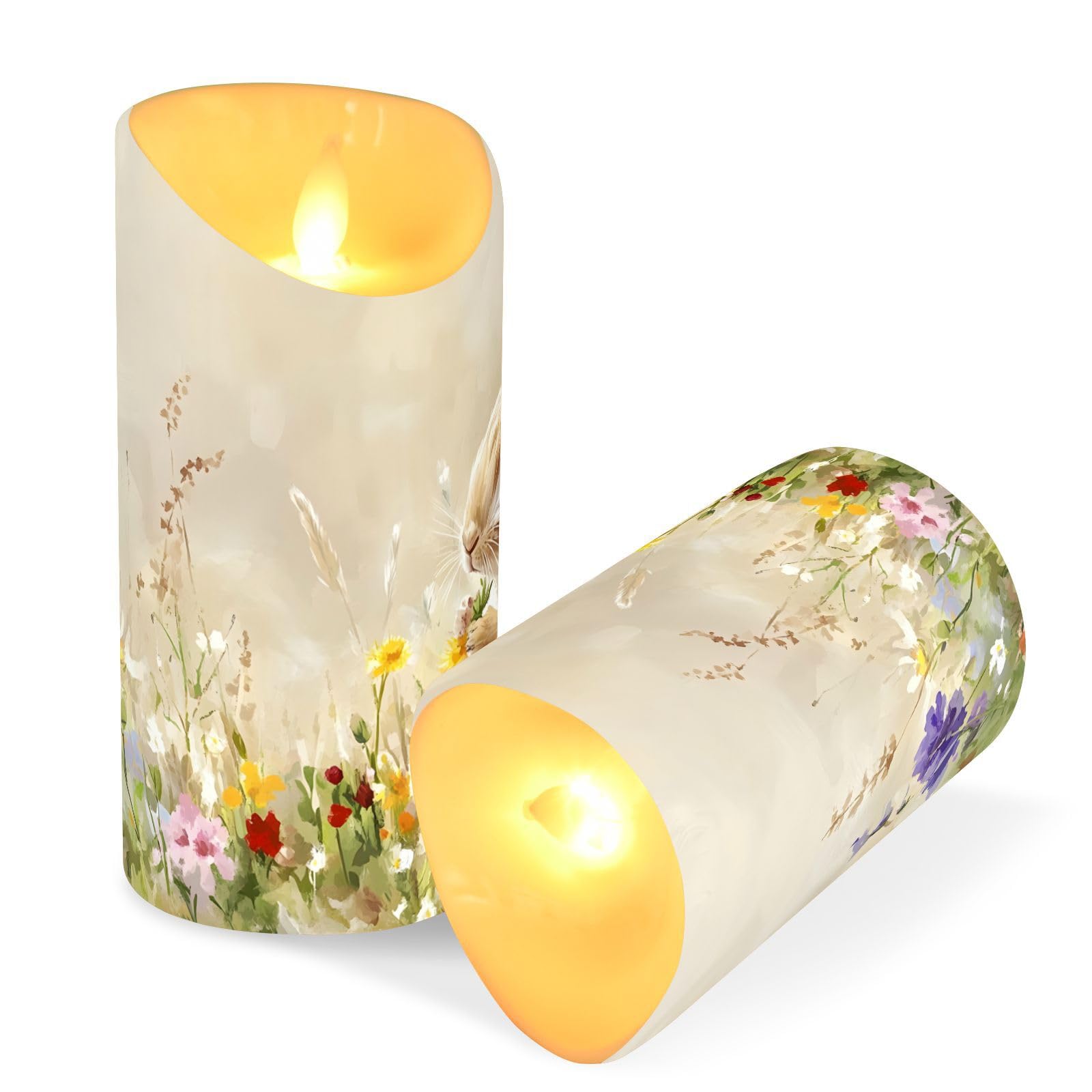 Easter Flameless Candles Set of 2 Flowers Rabbit Oil Painting Realistic LED Candles with Remote Battery Operated Holiday Decorat