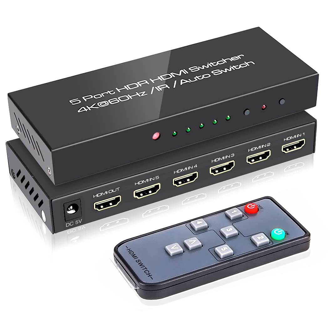 (Newest Version) Roofull 5 Port 4K Hdmi Switch With Remote 5 In 1 Out 4K@60Hz Hdmi 2.0 Video Switcher Selector, Dolby Vision/Atm