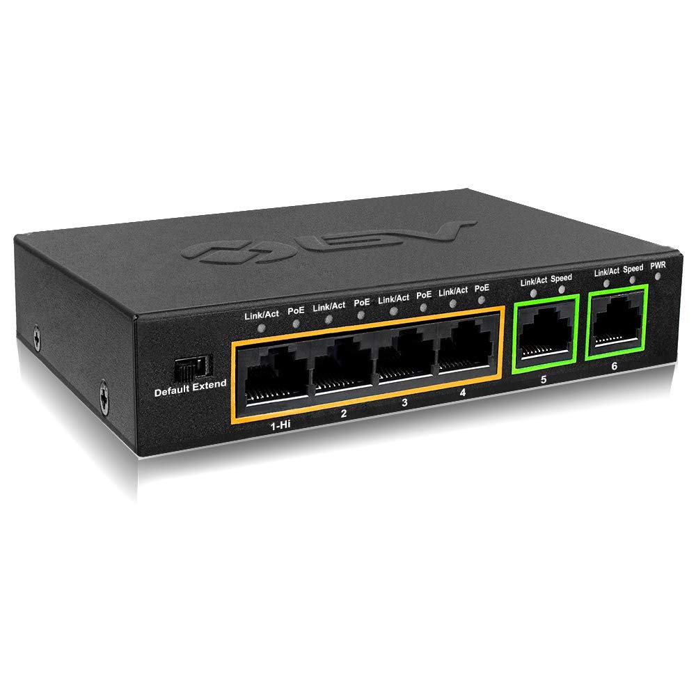 Bv Tech 6 Port Poe+ Switch (4 Poe+ Ports With 2 Ethernet Uplink And Extend Function)   60W   802.3At + 1 High Power Poe Port| De