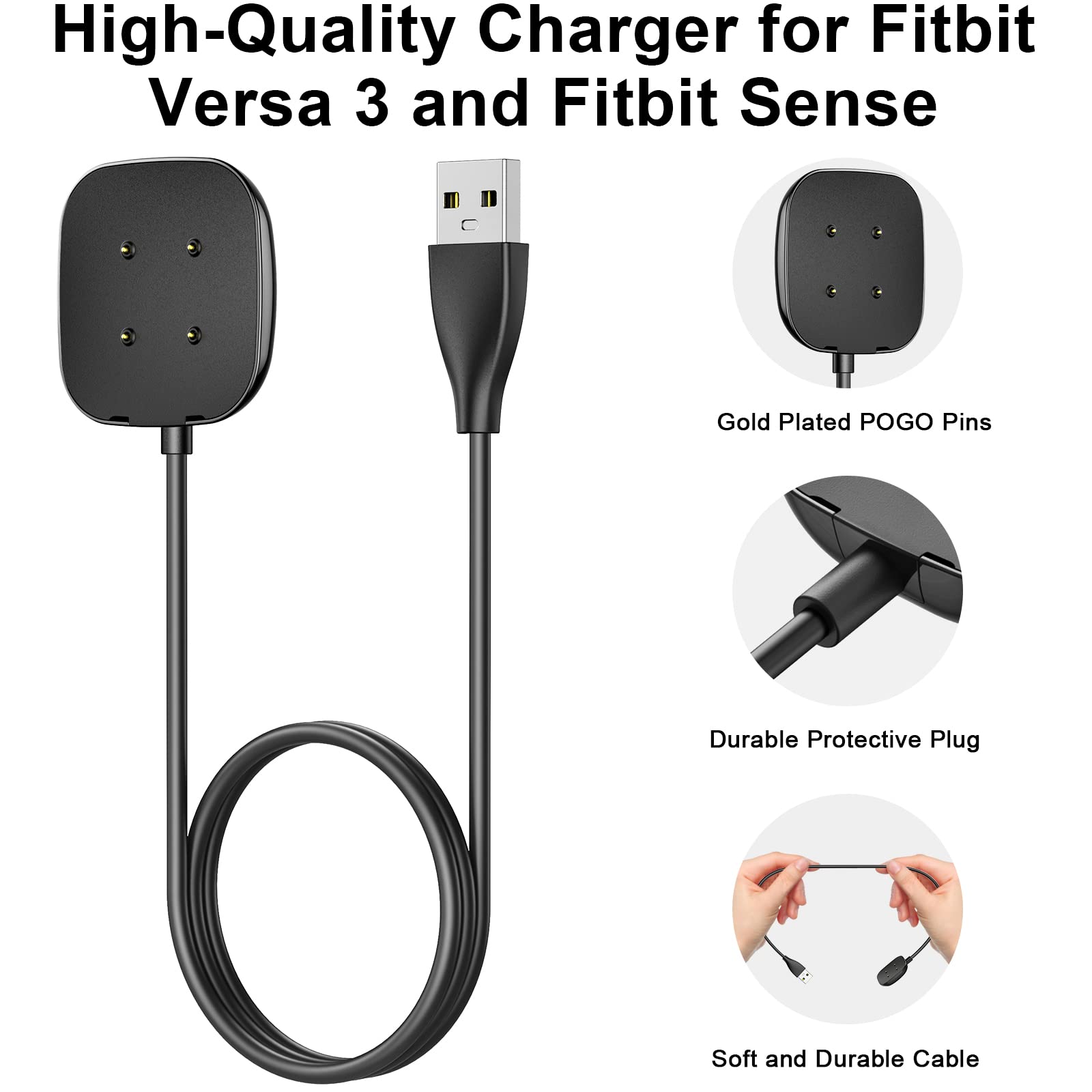 Charger Cable For Fitbit Versa 4/ Versa 3/ Fitbit Sense 2/ Sense Fitness Tracker, Soft Durable Replacement Usb Charging Cable, T
