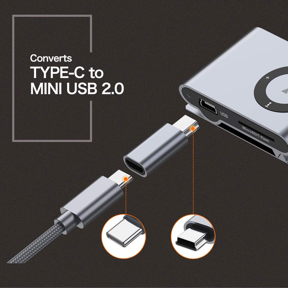 JXMOX USB C to Mini USB 2.0 Adapter Type C Female to Mini USB Male Charge & Data Sync Gray (2-Pack)
