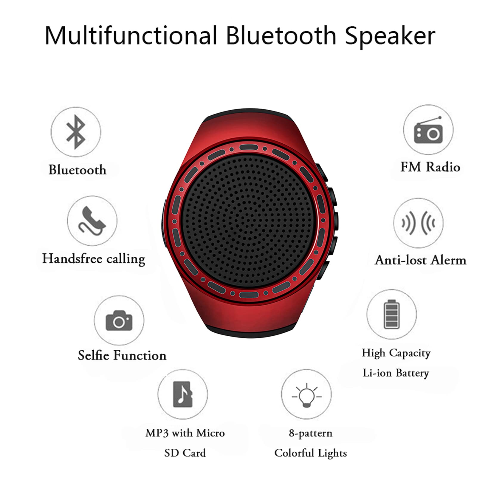 Oridecor Wireless Wearable Waterproof Wrist Portable Bluetooth Speaker Watch With Multi Function Fm Radio & Mp3 Player & Tws & Selfie & Ultra Long Standby Time For Running, Hiking, Riding(Red)