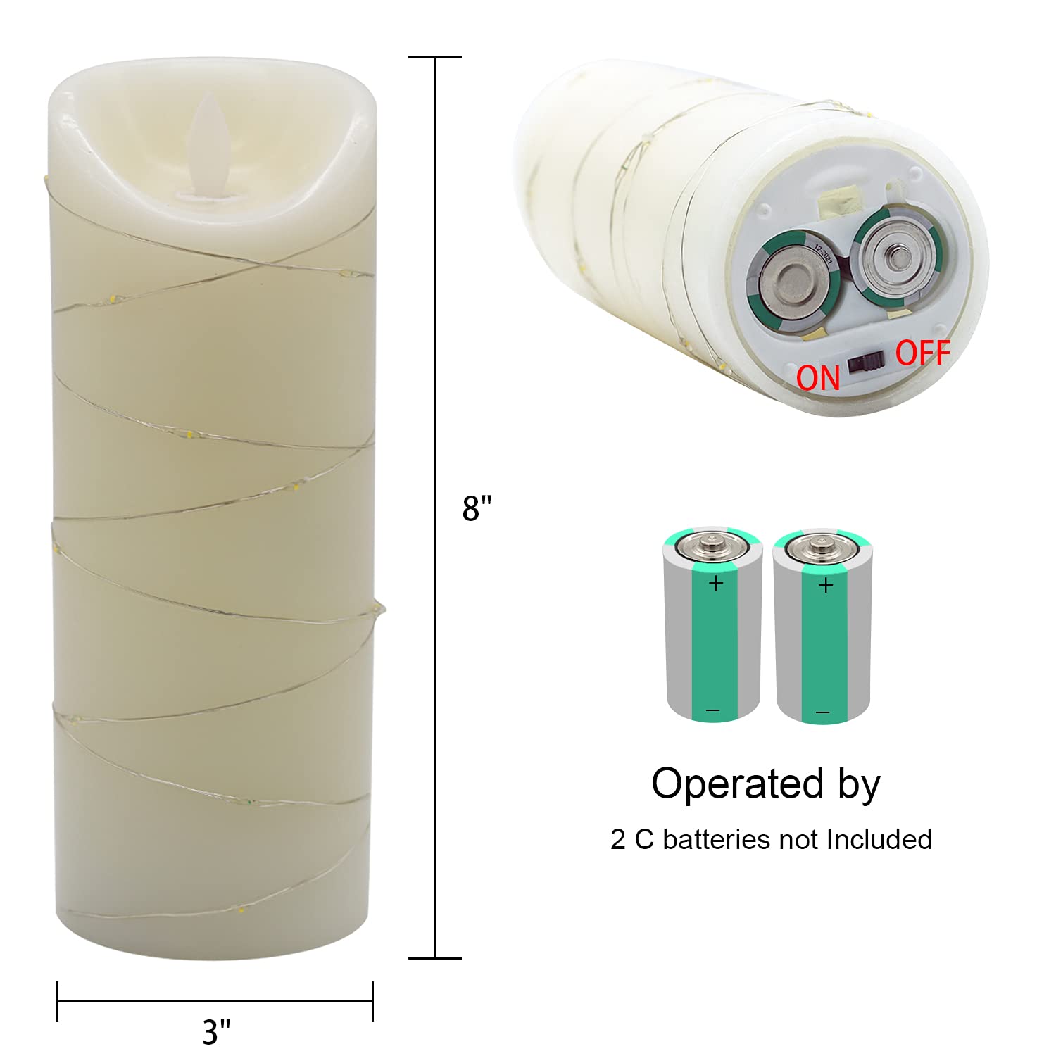 Dromance Large Flameless Pillar Candle String Light With 10 Key Remote And Timer, 2 C Batteries Operated Moving Wick Dancing Fla