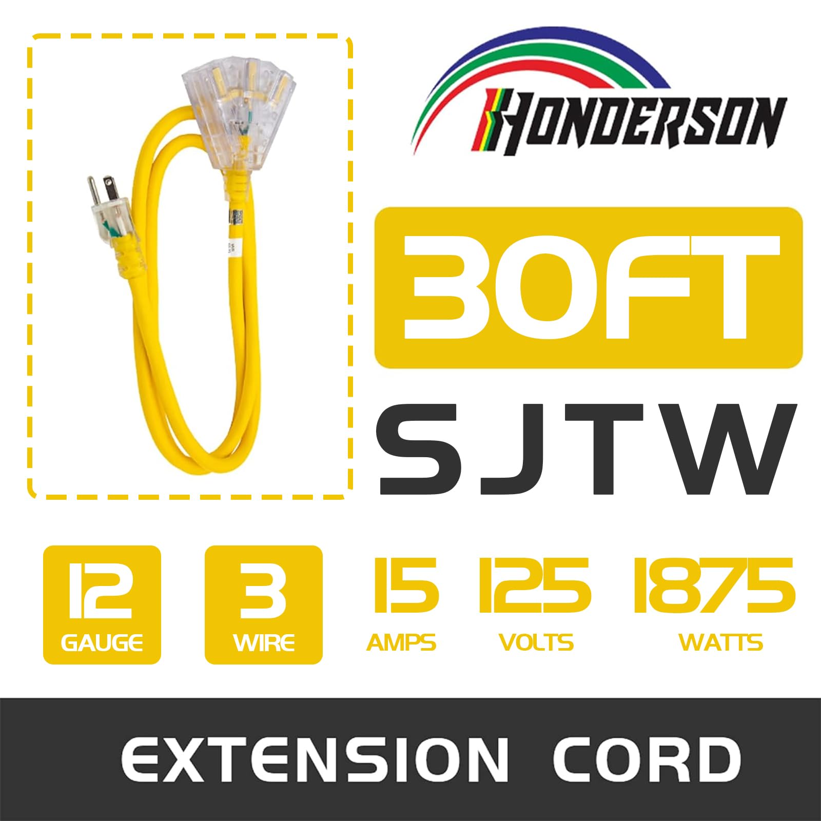 Honderson 3 Outlets Indoor Outdoor Extension Cord Weatherproof With Lighted End, Ul Listed, 12 Gauge 30Ft Yellow 3 Prong Heavy D