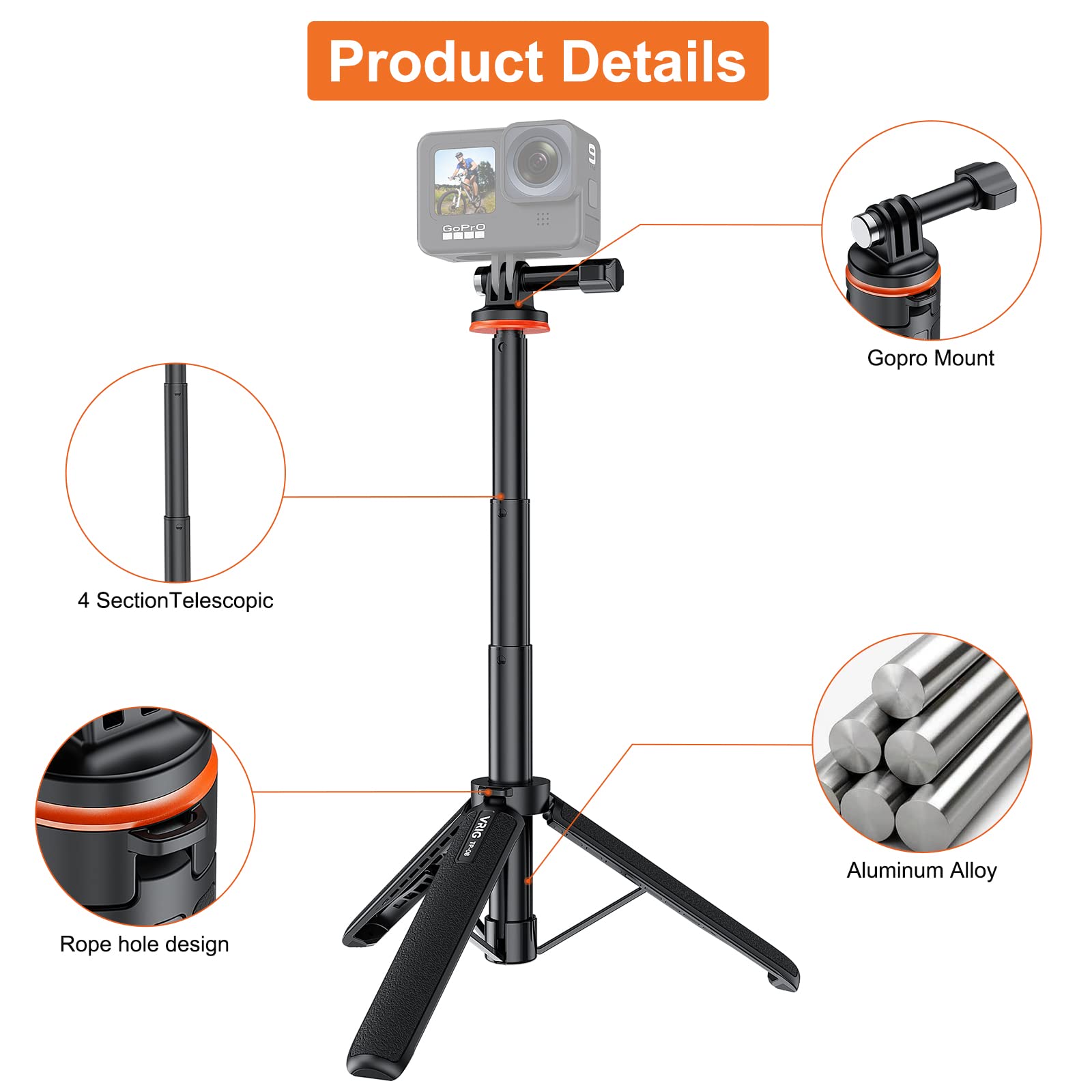 Uurig 20.1' Mini Extendable Gopro Tripod Portable Selfie Stick Tripod Camera Tripod For Gopro Max Hero 11 10 9 8 7 6 5 4 3 3+ 2 1 Session