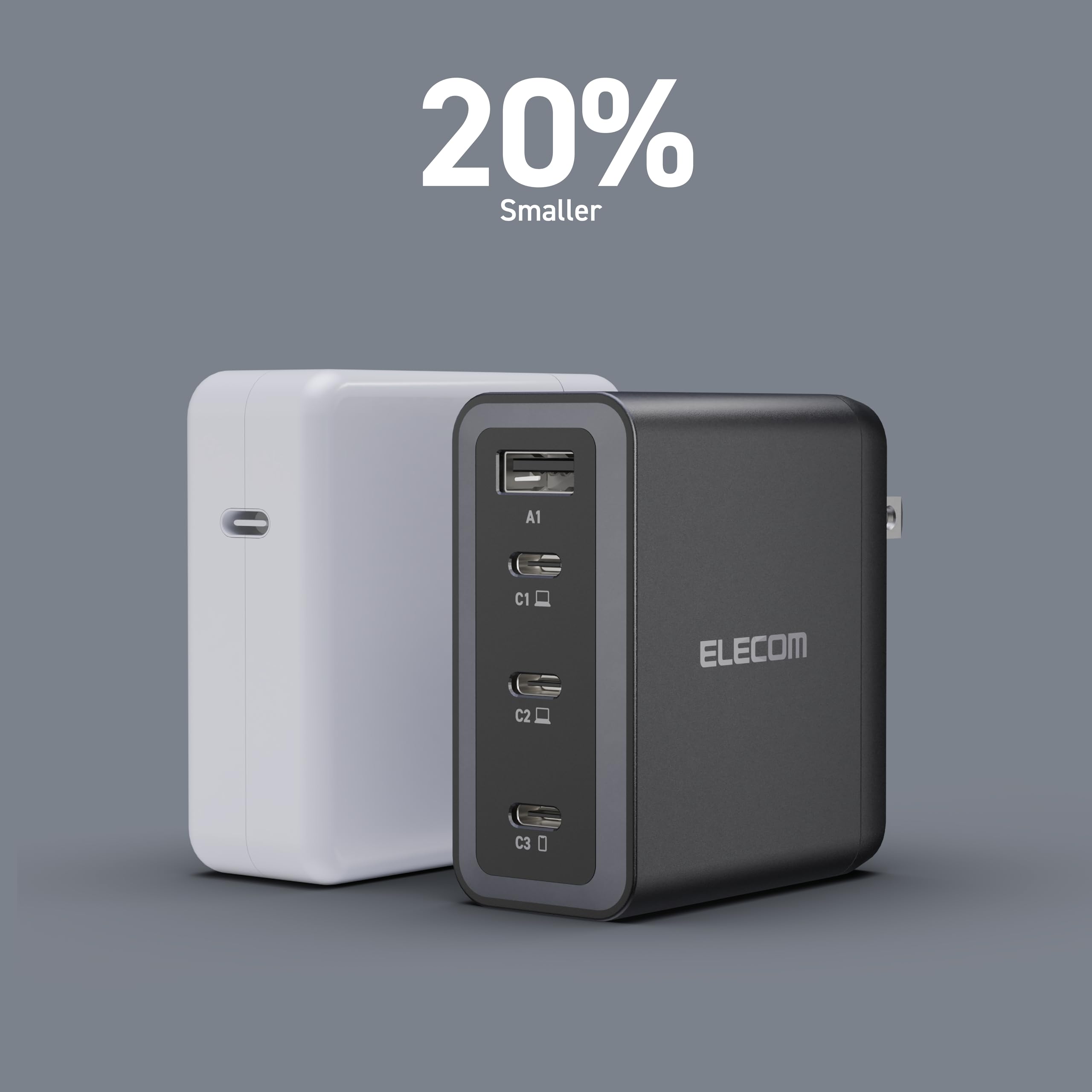 Elecom 150W Usb C Wall Charger Block, 4 Multi Port Gan Ii Smart Pd, Ultra-Fast Charging, Compact Power Adapter For Multiple Devi