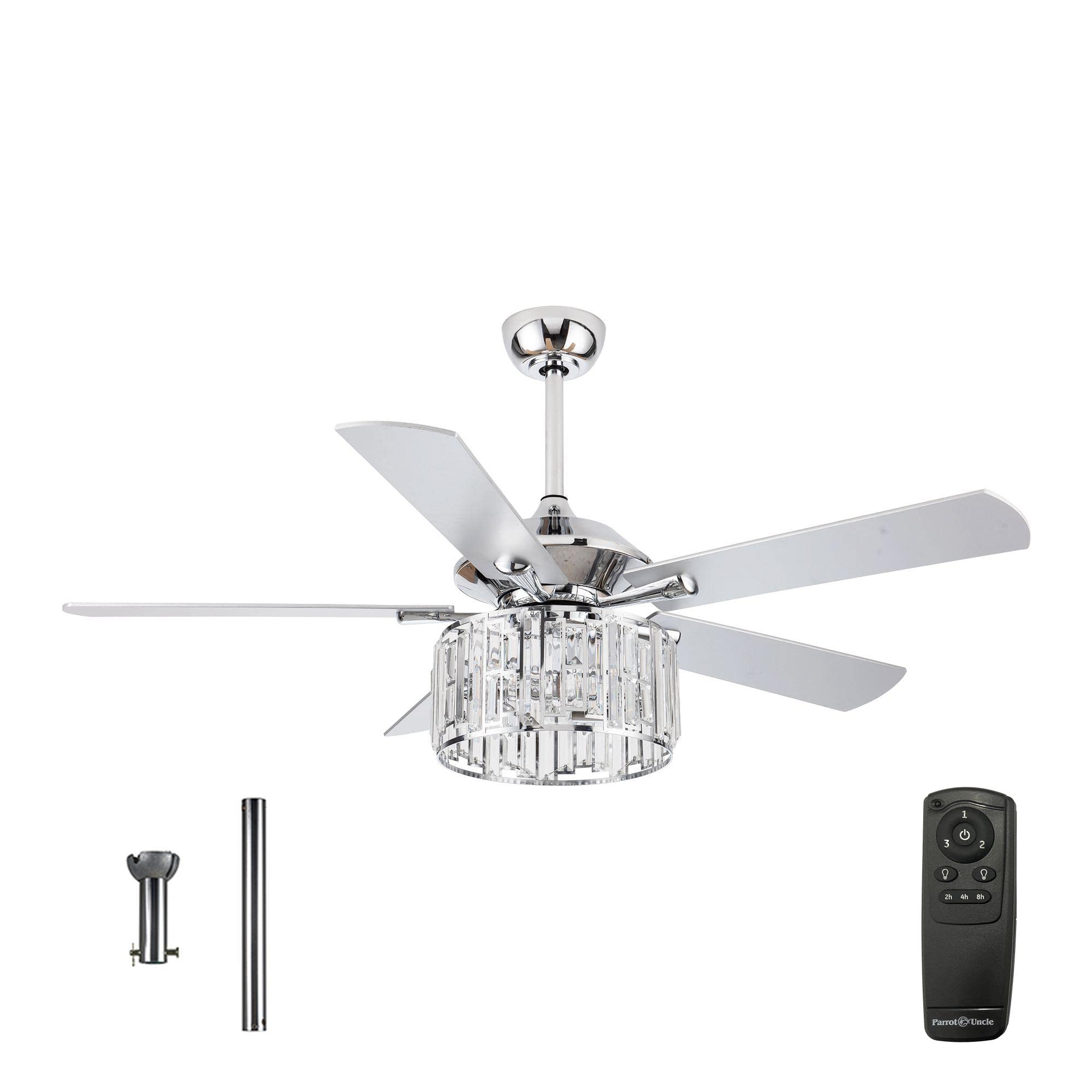 Parrot Uncle Ceiling Fans with Lights and Remote 52 Inch Ceiling Fan with Light for Bedroom Crystal Chandelier Outdoor Ceiling F