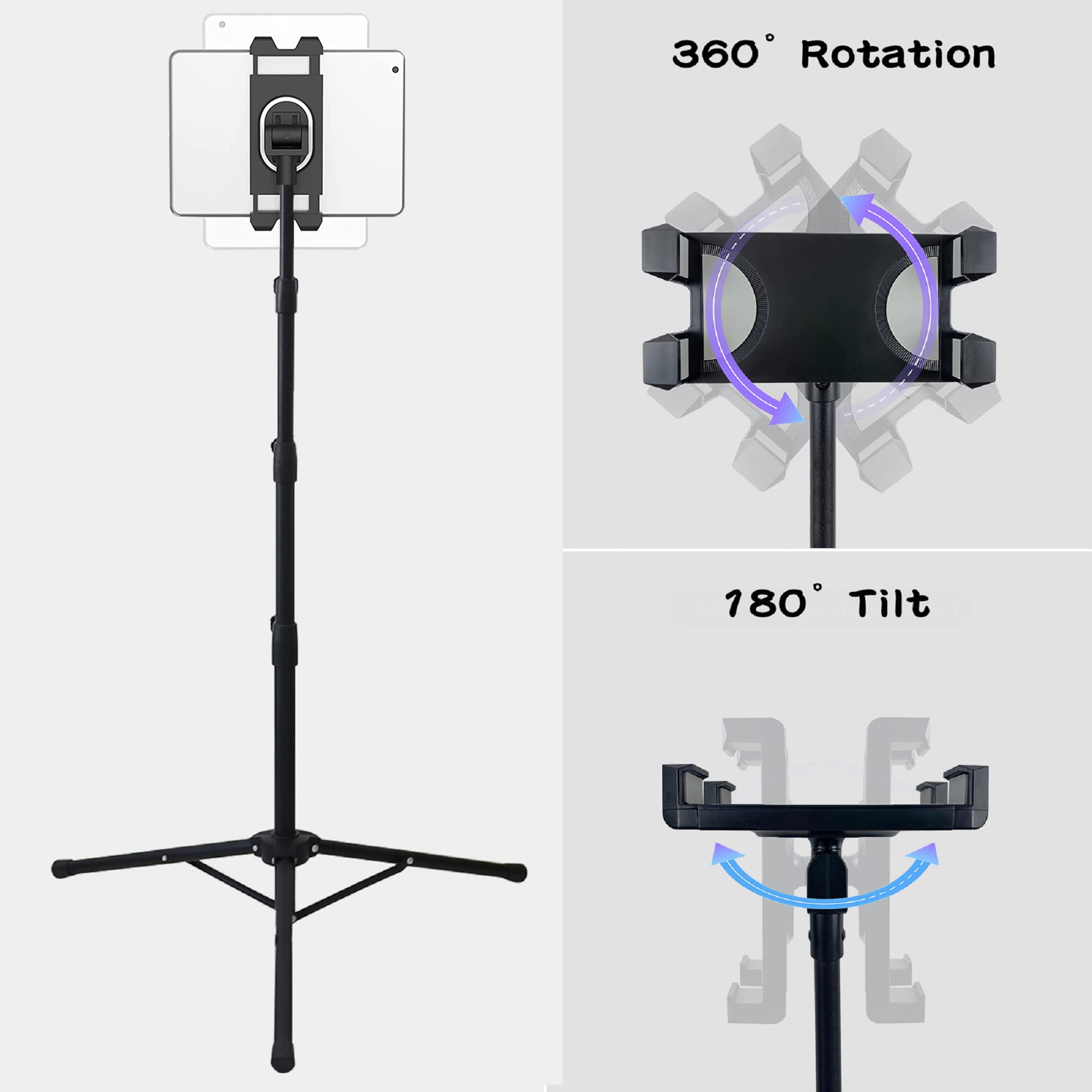 Raking Ipad Stand Floor, Ipad Tripod Stand Cellphone Stand With Height Adjustable Tablet Tripod Mount With 360 Rotating For Ipad