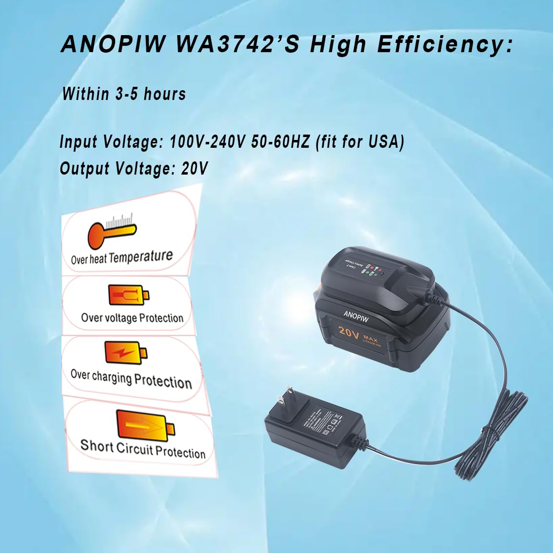 Anopiw Wa3742 Replace Worx Charger 20V Wa3742 Compatible With Worx 20V Lithium Battery Wa3520 Wa3525 Wa3578 Wa3575 Wa3522 Wa3732
