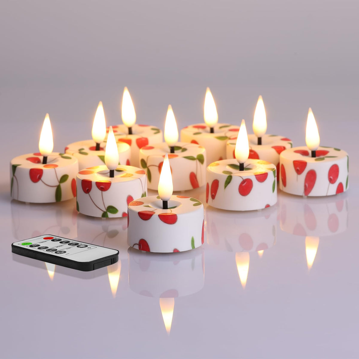 Eywamage Red Cherry Flameless Tealights With Remote Batteries, Flickering Plastic Led Tea Votive Candles Set Of 12