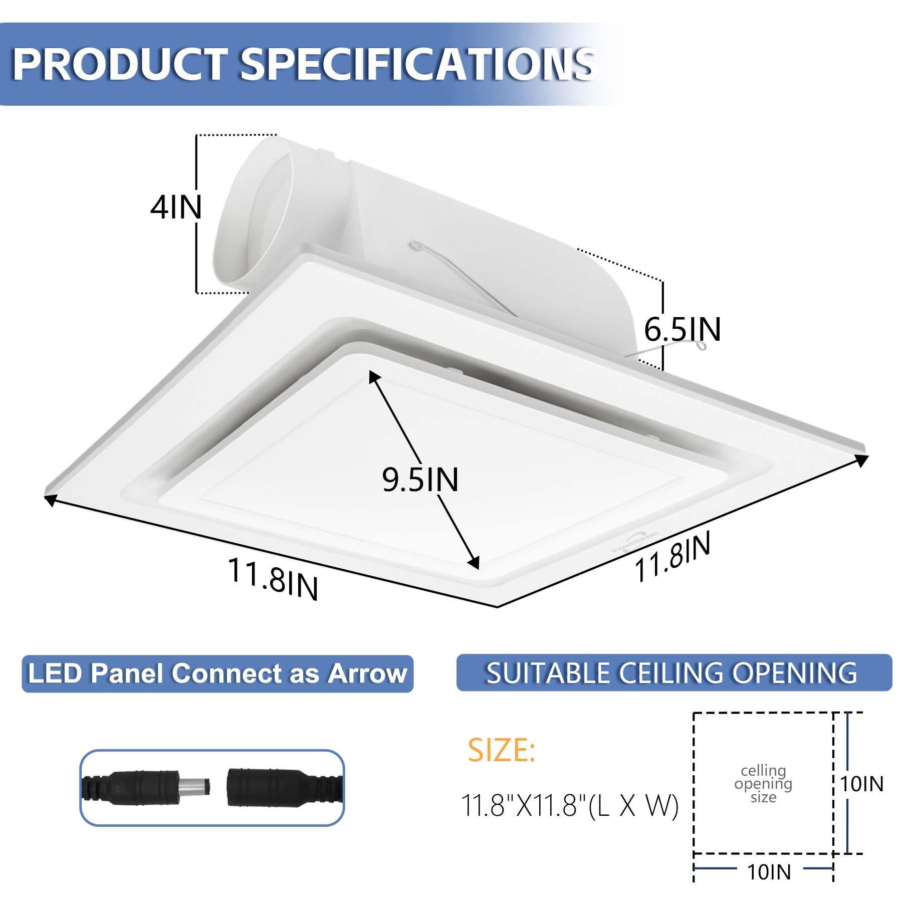 Powereng Bathroom Exhaust Fan With Light,11.8 In Panel,12W Square Led,141 Cfm,0.7 Sones,110V 45W Quiet Bathroom Ventilation Exha