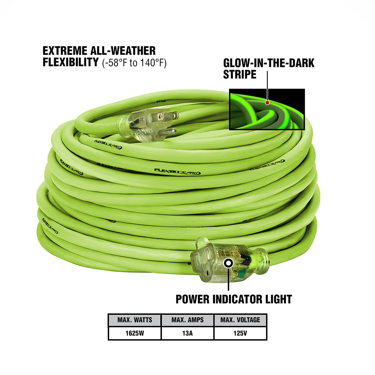 Flexzilla Pro Extension Cord, 14/3 Awg Sjtw, 100 Ft., Lighted Plug, Indoor/Outdoor, Zillagreen   Fz512735