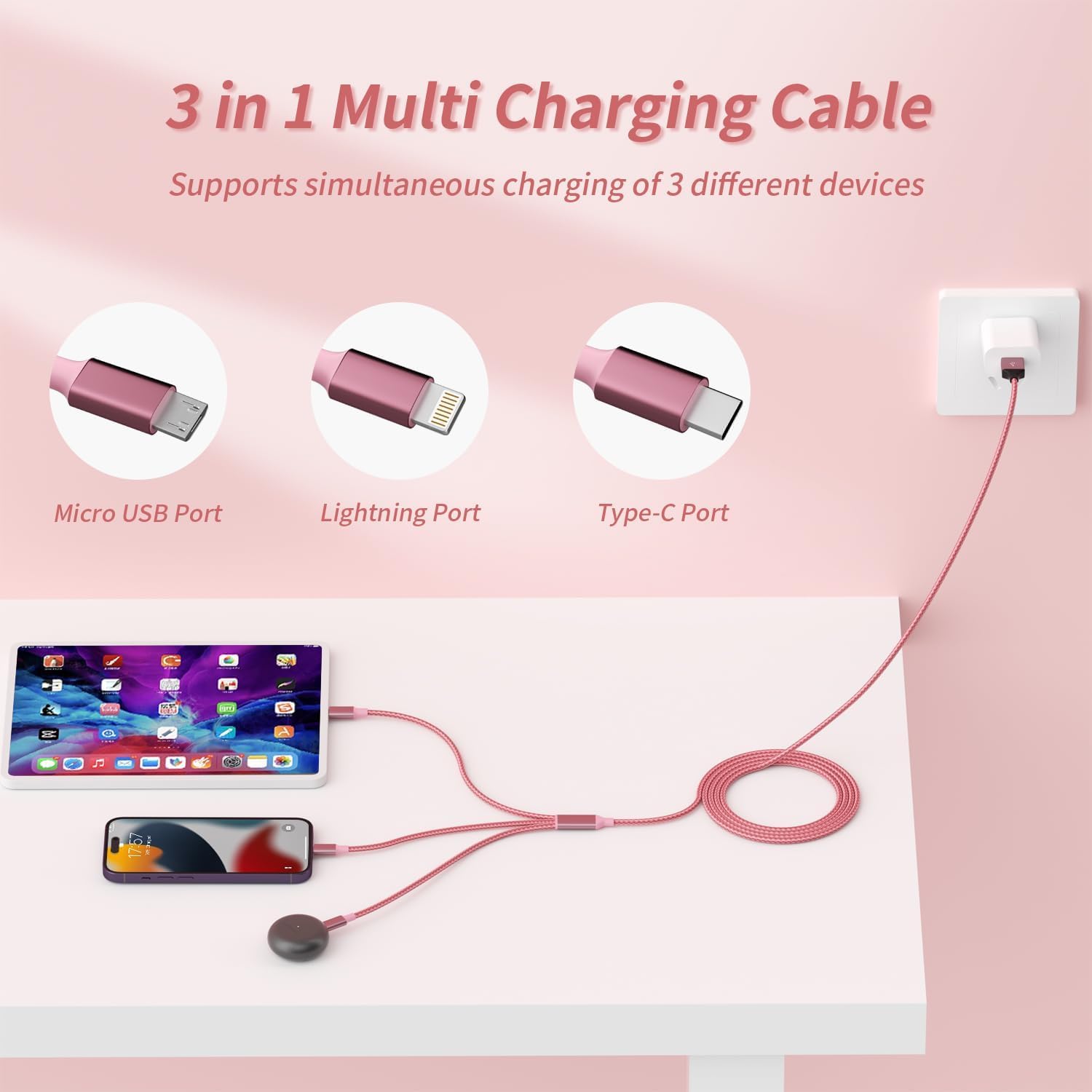 Idison Multi Charging Cable(2Pack 4Ft), 3 In 1 Charging Cable Nylon Braided Usb Multi Charger Cable Universal Usb Cable With Type C/Micro/Ip Port For Most Cell Phones & Pads