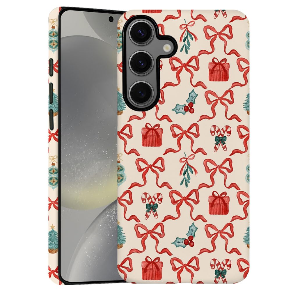 TnXee Case for Samsung Galaxy S24 Plus,Red Green Christmas Tree Scroll Bow Phone Case Drop Resistant Frosted 2 in 1 Solid Dual-L