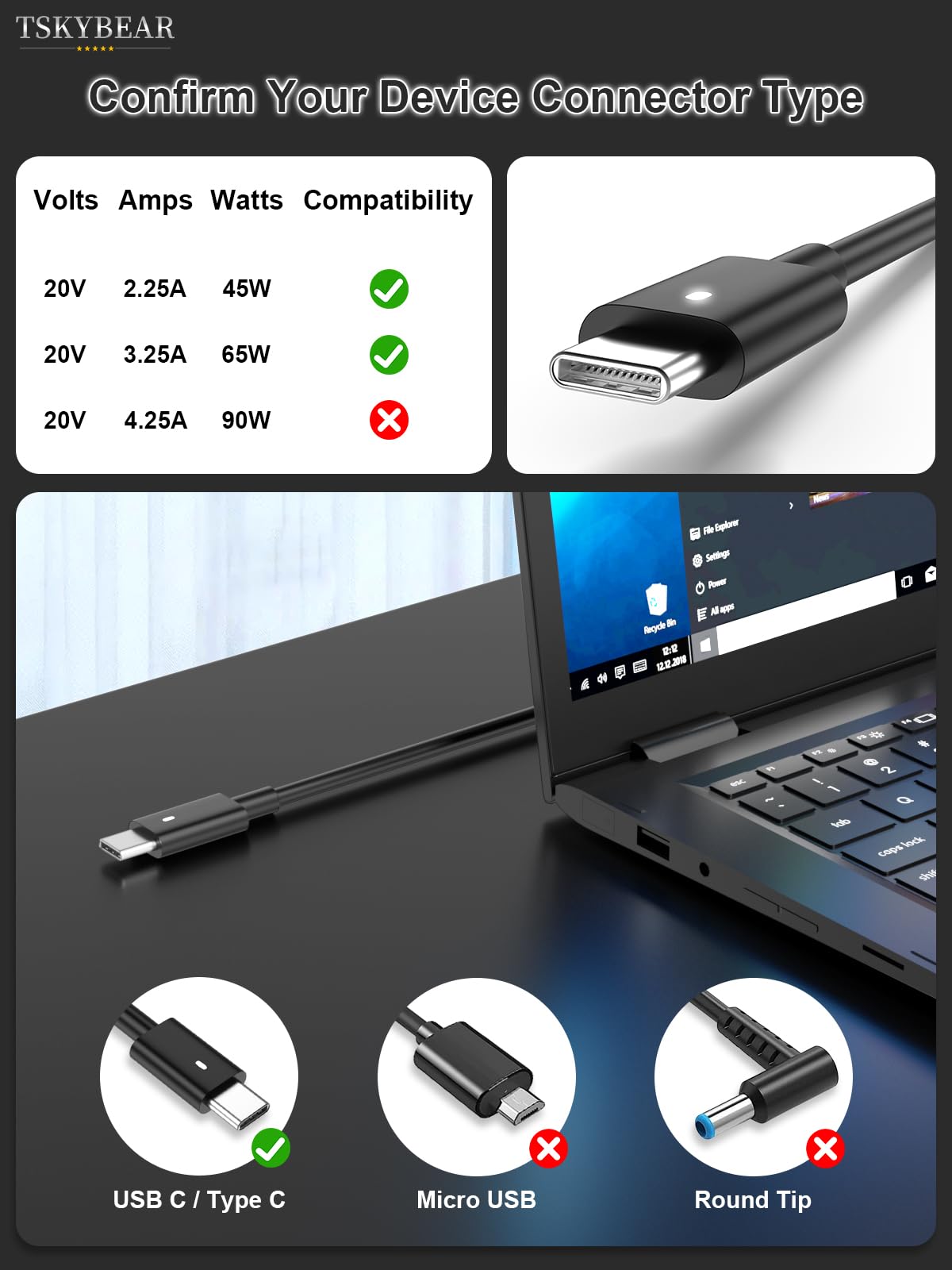 65W 45Watt For Dell Laptop Charger Ac Adapter Replacement For Dell Usb C Charger Latitude 5420 5520 5320 7420 5430 7390 7320 7400,Xps 13 Chromebook 3100 Computer Type C Fast Charging Power Supply Cord