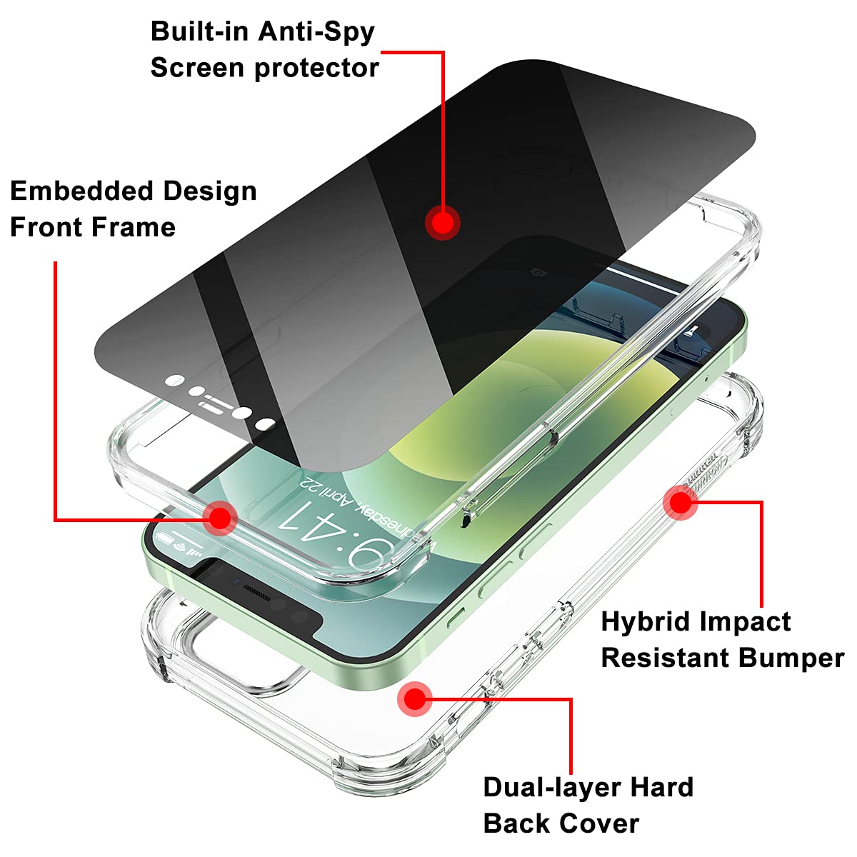 Suritch Clear Case For Iphone 12/ Iphone 12 Pro 6.1 Inch, [Privacy Screen Protector] Full Body Protective Shockproof Rugged Bump