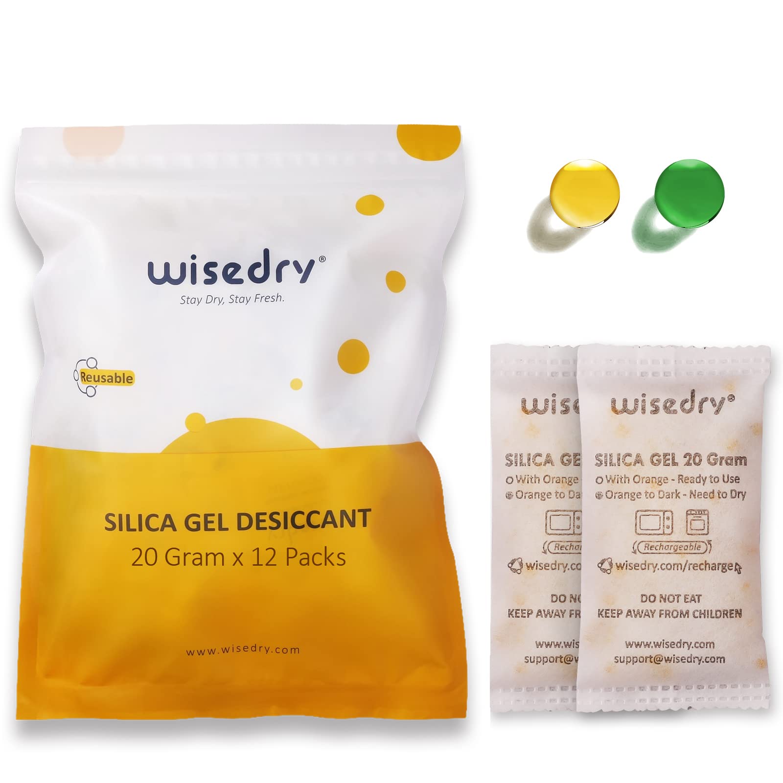 Wisedry 20 Gram [12 Packs] Rechargeable Silica Gel Packets Microwave Fast Reactivate In 2Mins Moisture Absorber Desiccant Packs