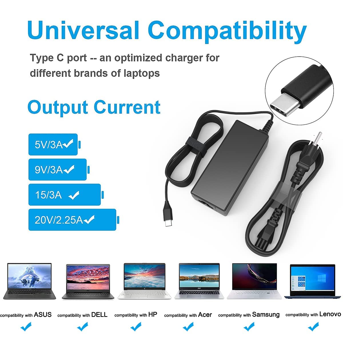 Universal 45W Type C Usb C Chromebook Charger Laptop Replacement For Acer Chromebook Spin Cp Cb 311 315 11 13 15 713 715,Lenovo