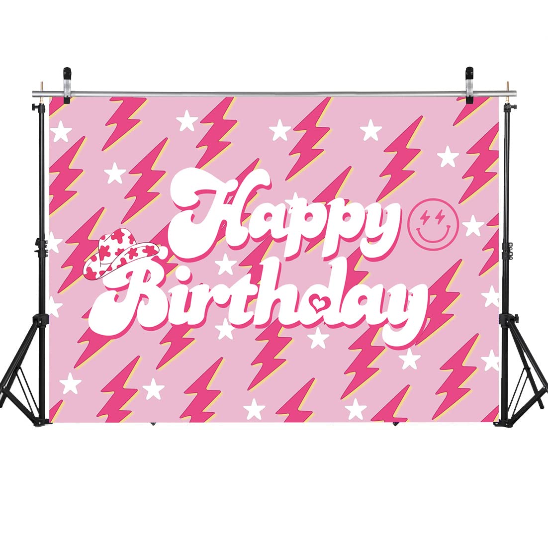 Preppy Backdrop Banner For Happy Birthday 7X5Ft Lightning Bolt Hot Pink Birthday Photography Background For Girls Women Large Pr