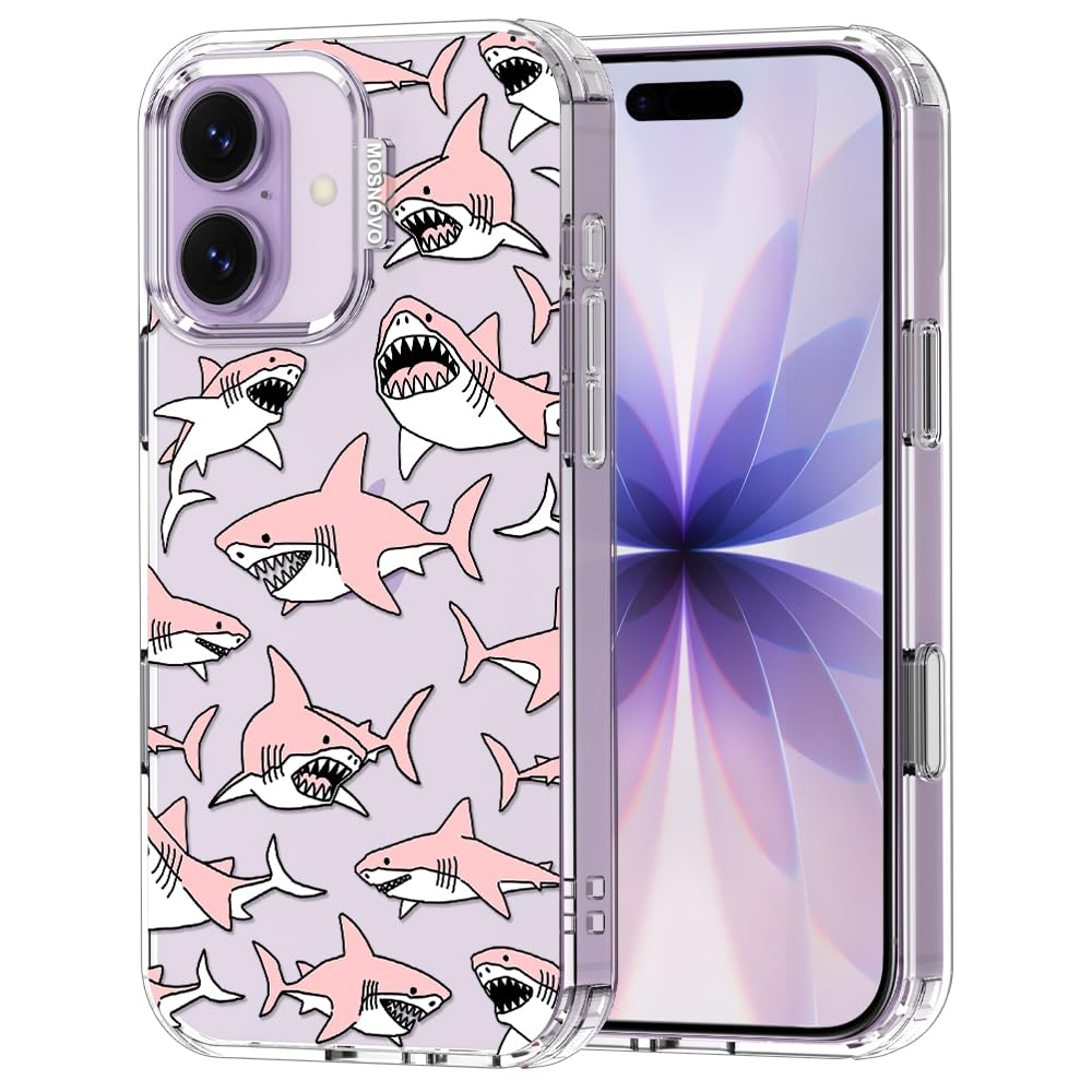 MOSNOVO for iPhone 17 Case | Military Grade 6.6ft Drop Tested | Camera Control | Clear with Pink Sharks Design