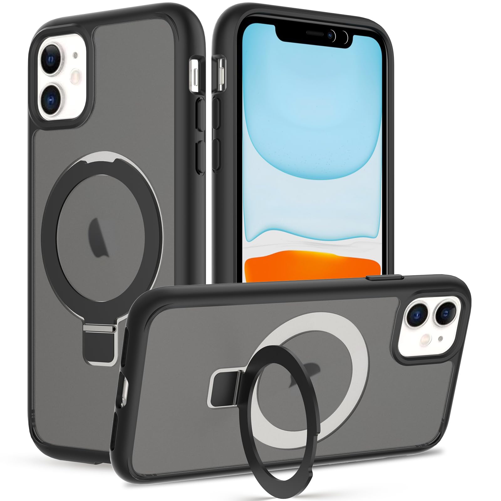 Pinlisheng Magnetic Stand For Iphone 11 Case [Military Grade Drop Tested] Translucent Back Slim Protective Case 6.1 Inch,Black