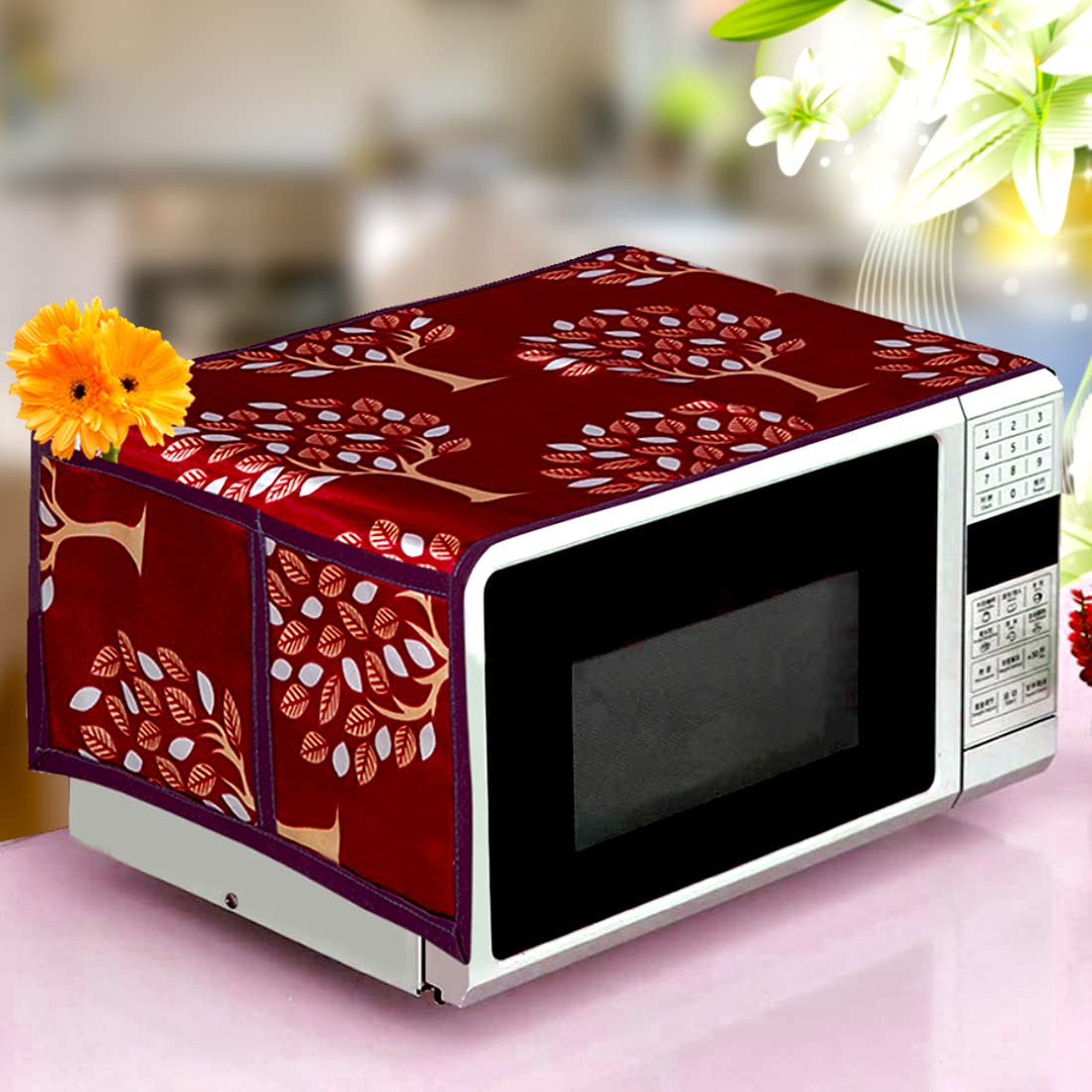 Kanushi Industries Microwave/Oven Top Cover With 4 Utility Pockets (Var2MicroTreeMaroon)