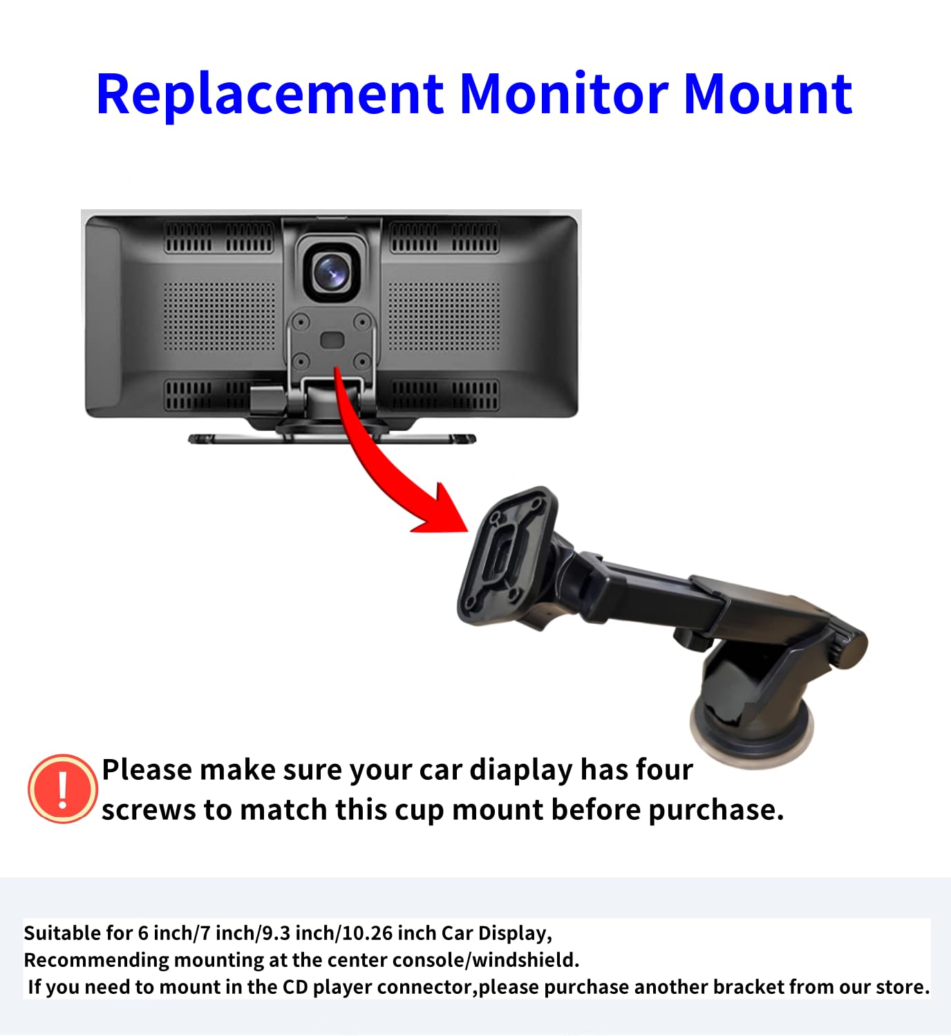 Epronic Flexible Dashboard Suction Cup Bracket With Scrwes For Portable Wirelss Carplay Screen Monitor, Upgraded Windshield Moni