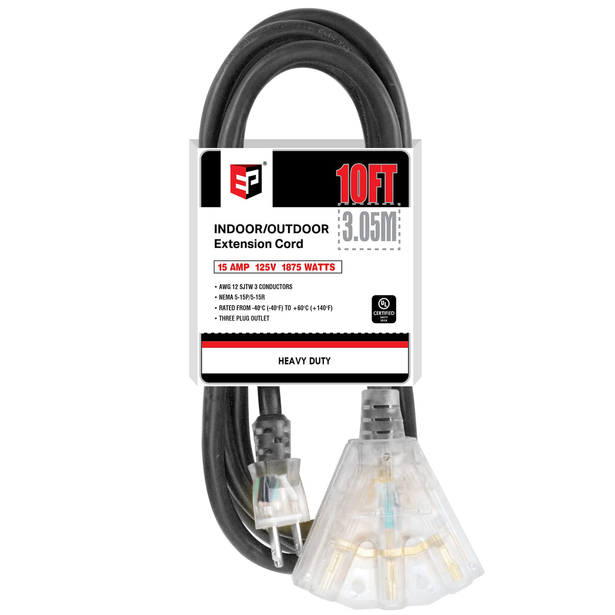 Ep 10 Ft Lighted Outdoor Extension Cord With 3 Electrical Power Outlets   12/3 Sjtw Heavy Duty Black Extension Cable With 3 Pron