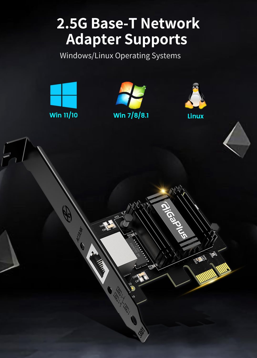 2.5Gb Pcie Network Card, Gigaplus 2500Mbps Ethernet Interface Adapter, With Realtek Rtl8125B, Wake On Lan, 2.5G Nic Compliant Wi