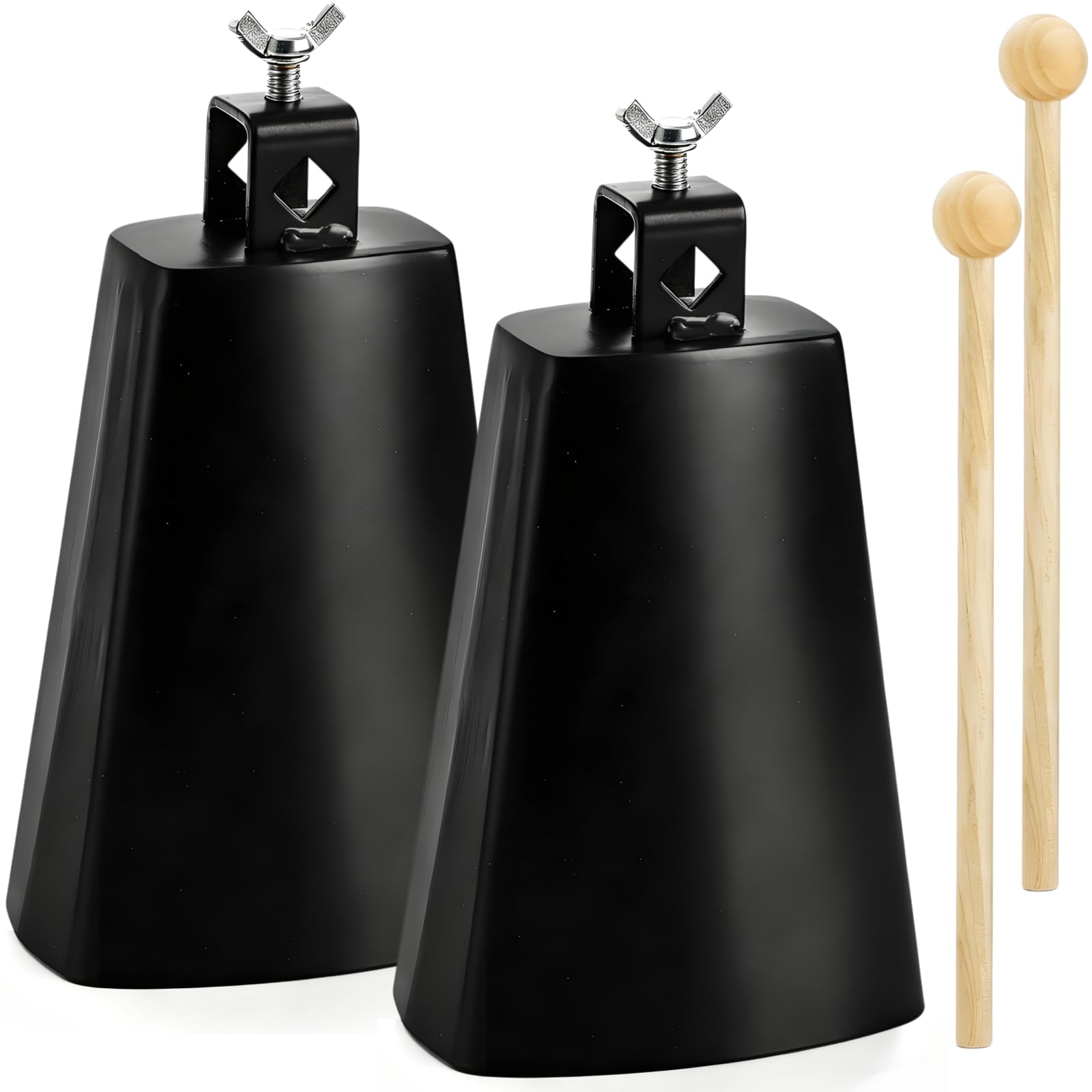 Acshio 2 Pack Metal Steel Cow Bells, 7 Inch Cowbell Noise Makers with Handle Stick, Hand Percussion Music Cowbell for Drumset Ch