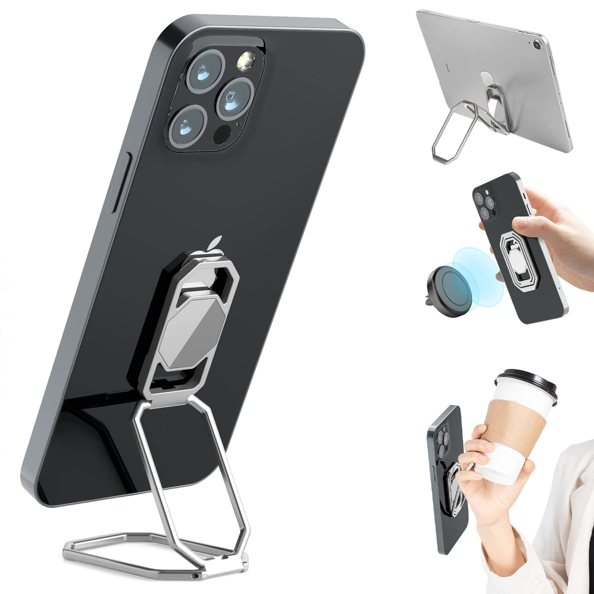 Phone Ring Holder Finger Kickstand, Upgraded 360    Rotation Metal Phone Grip For Magnetic Car Mount Foldable Cell Phone Stand C