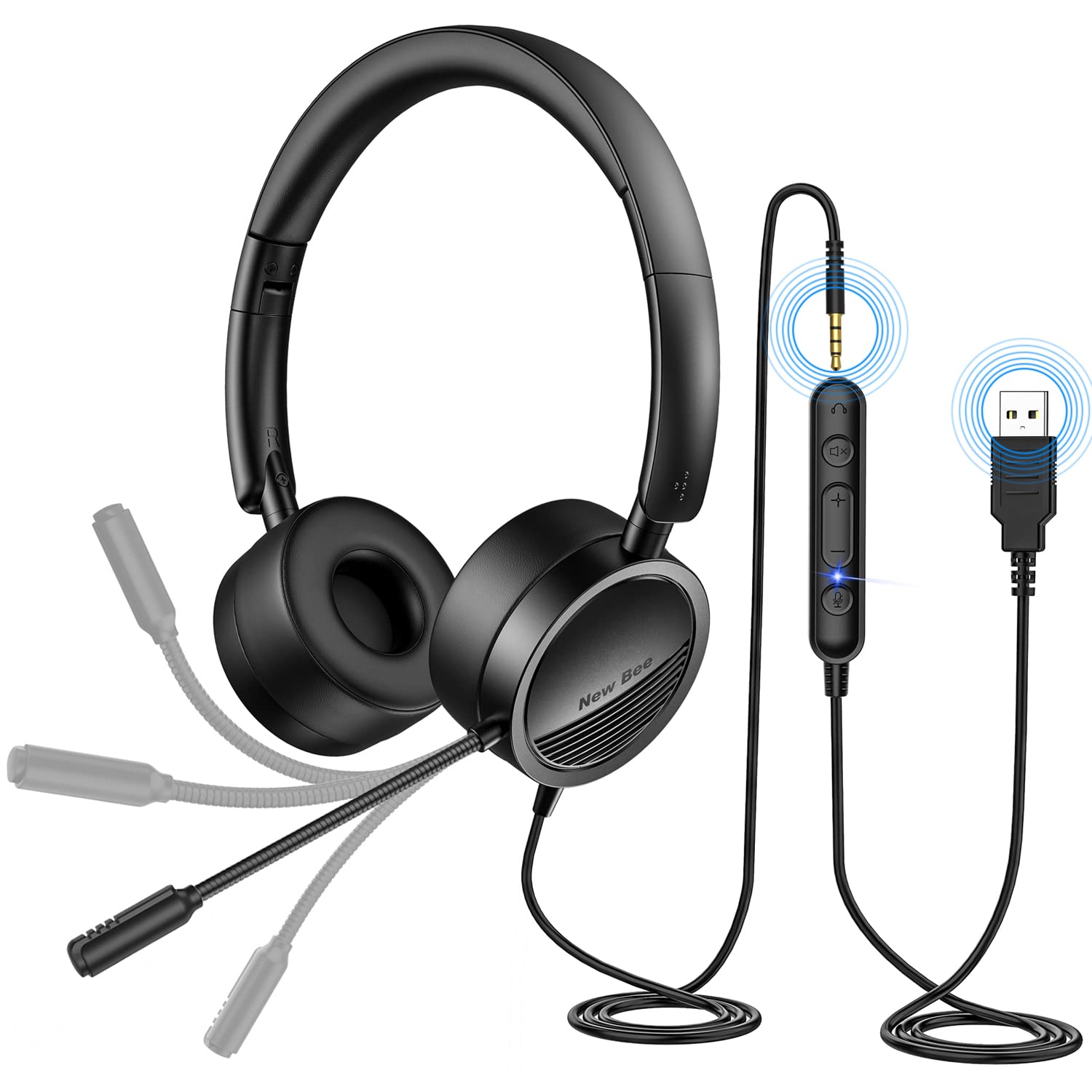 New Bee [2 Pack] Usb Headset Computer Headset In Line Call Controls Office Headset With Noise Cancelling Micphone Call Center Headset For Skype, Zoom, Laptop, Phone, Pc, Tablet, Home