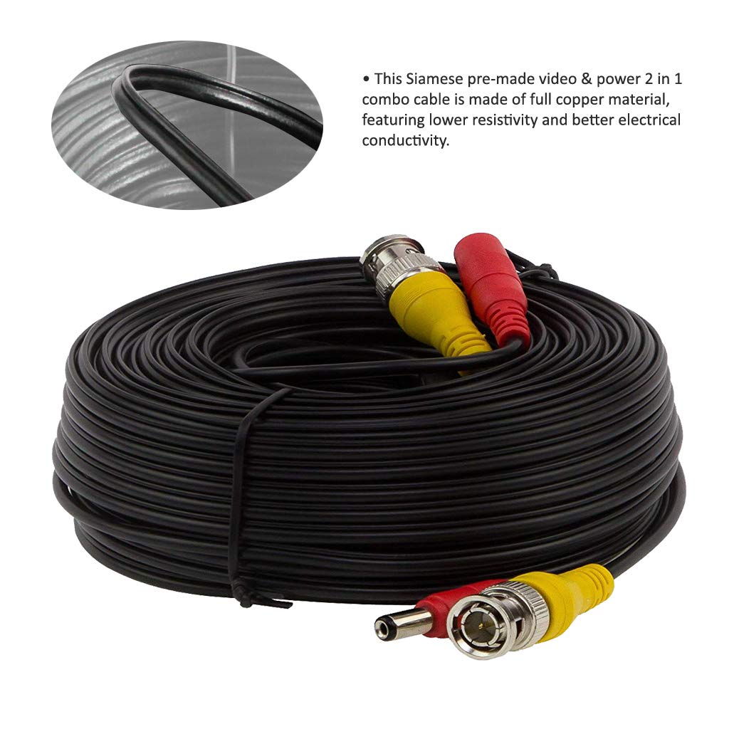 100Ft Pre Made All In One Bnc Video And Power Cable With Connector For Surveillance Cctv Security Camera Video System   Black
