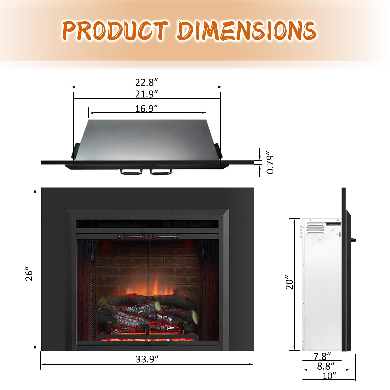 Puraflame Klaus 23    Electric Fireplace Insert With Trim Kit, Fire Crackling Sound, Resin Log, Glass Door And Mesh Screen, 750/