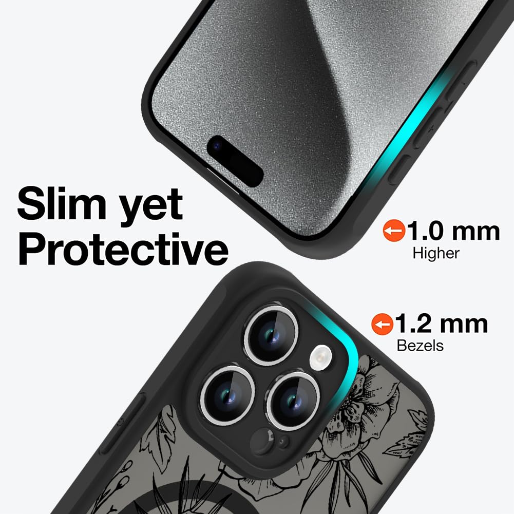 Ook Magnetic For Iphone 15 Pro Case Black Flower Floral Pattern [Compatible With Magsafe] Slim Translucent Matte Camera Lens Pro
