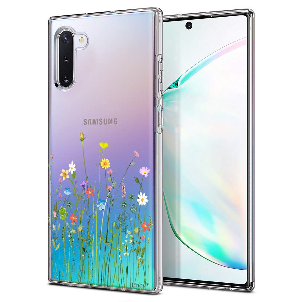 Unov Case For Galaxy Note 10 Case Clear With Design Soft Tpu Shock Absorption Slim Embossed Pattern Protective 6.3 Inch (Flower