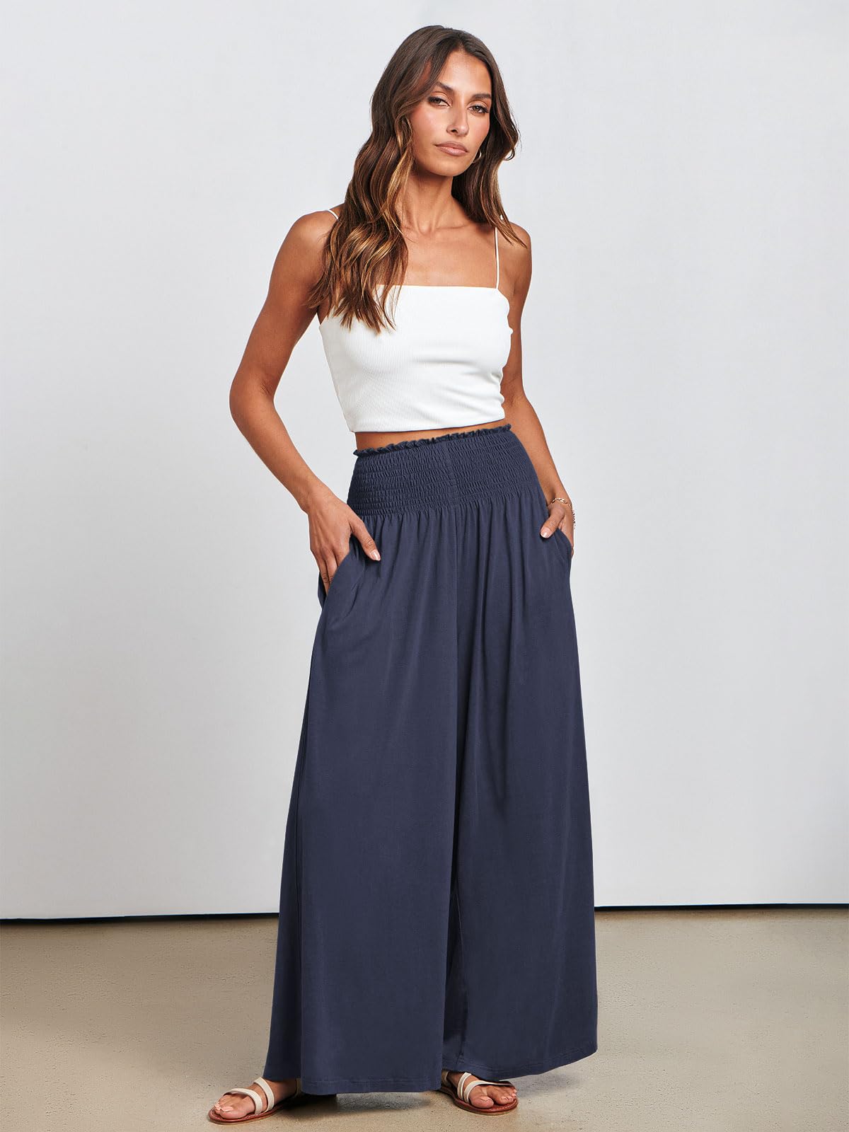 Anrabess Women Palazzo Pants Summer Boho Bagyy Wide Leg High Smocked Waist Casual Loose Lounge Pant With Pocket Deep Blue X Larg