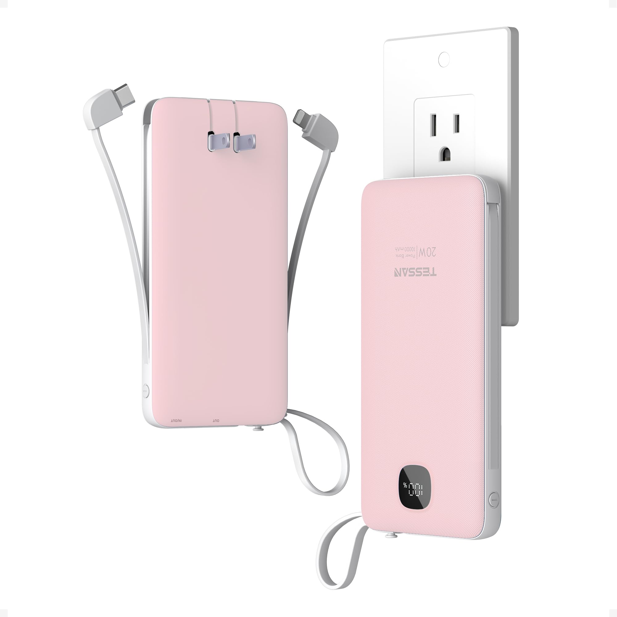 TESSAN Portable Charger with Built in Cables, 10000mAh Power Bank Wall Plug