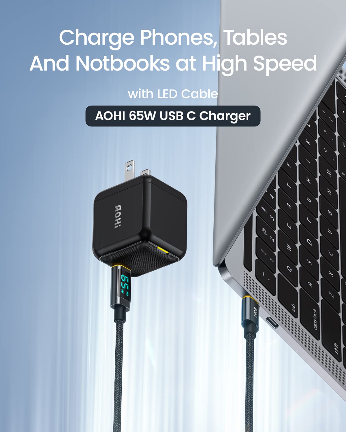 Aohi 65W Pd Usb C Charger, Gan+ Magcube Fast Wall Charger Power Adapter With 4Ft Usb C To Usb C Led Display Cable For Notebook M