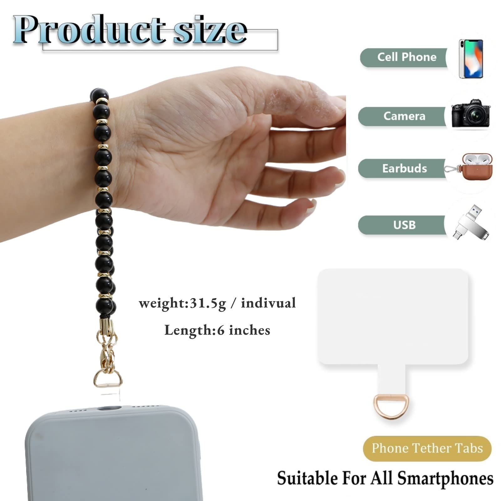 Lostars Marble Beaded Iphone Wrist Strap,Detachable Phone Bracelet Strap With Tether Tab,Hands Free Phone Wristlet Strap (Obsidi