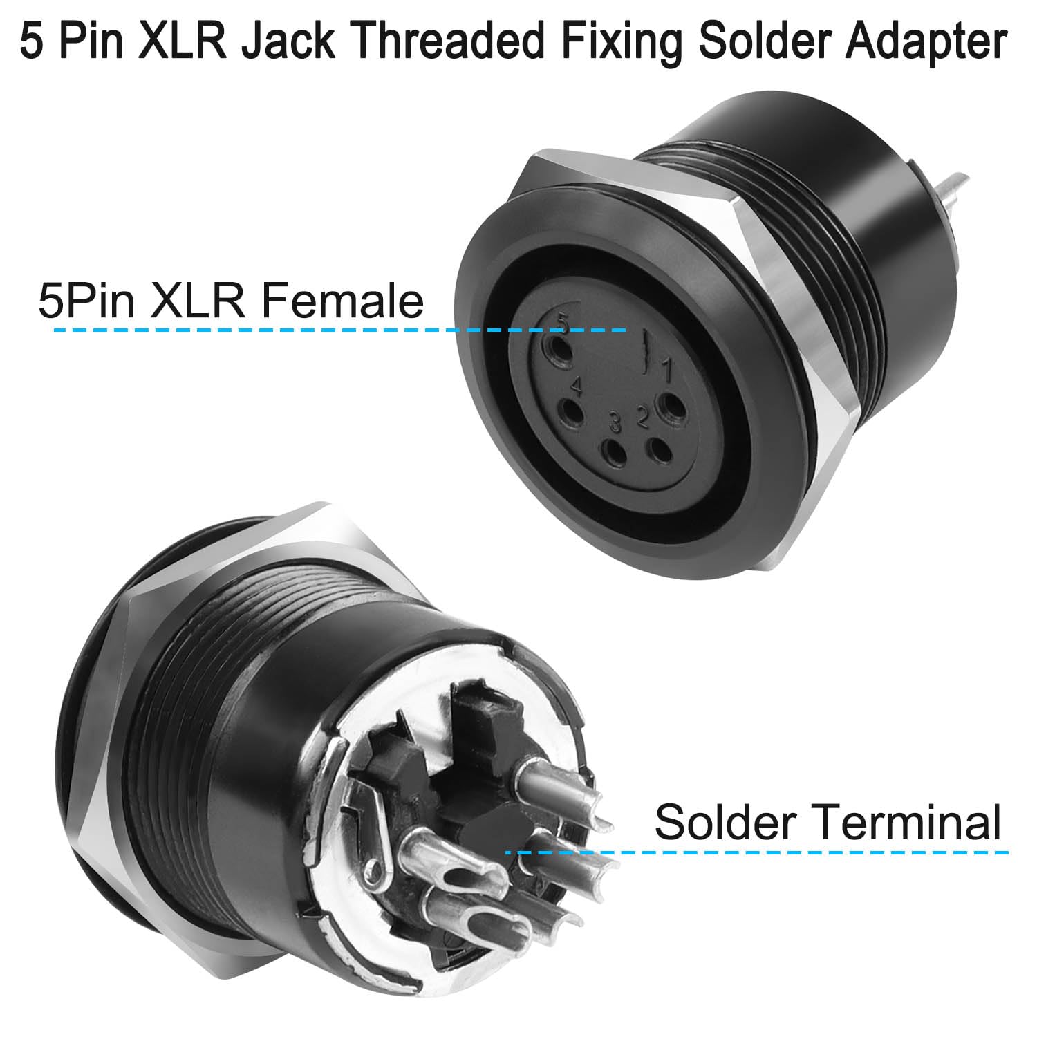 Qianrenon 5 Pin Xlr Jack Threaded Fixing Solder Adapter 5Pin Xlr Female To Solder Terminal Round Connector 5 Pole Xlr Dmx Mount