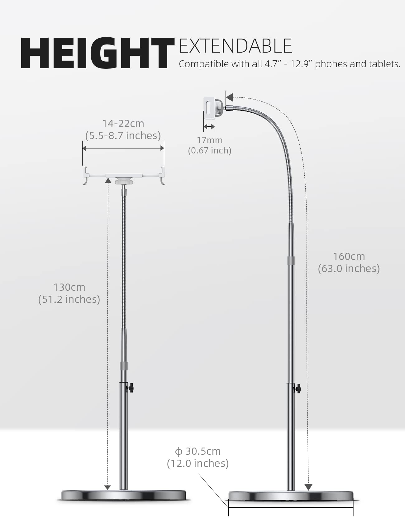 Lamicall Tablet Floor Stand Gooseneck Swivel Tablet Holder Mount With Adjustable Height & 10.6Lb Stable Base, Compatible With Ip