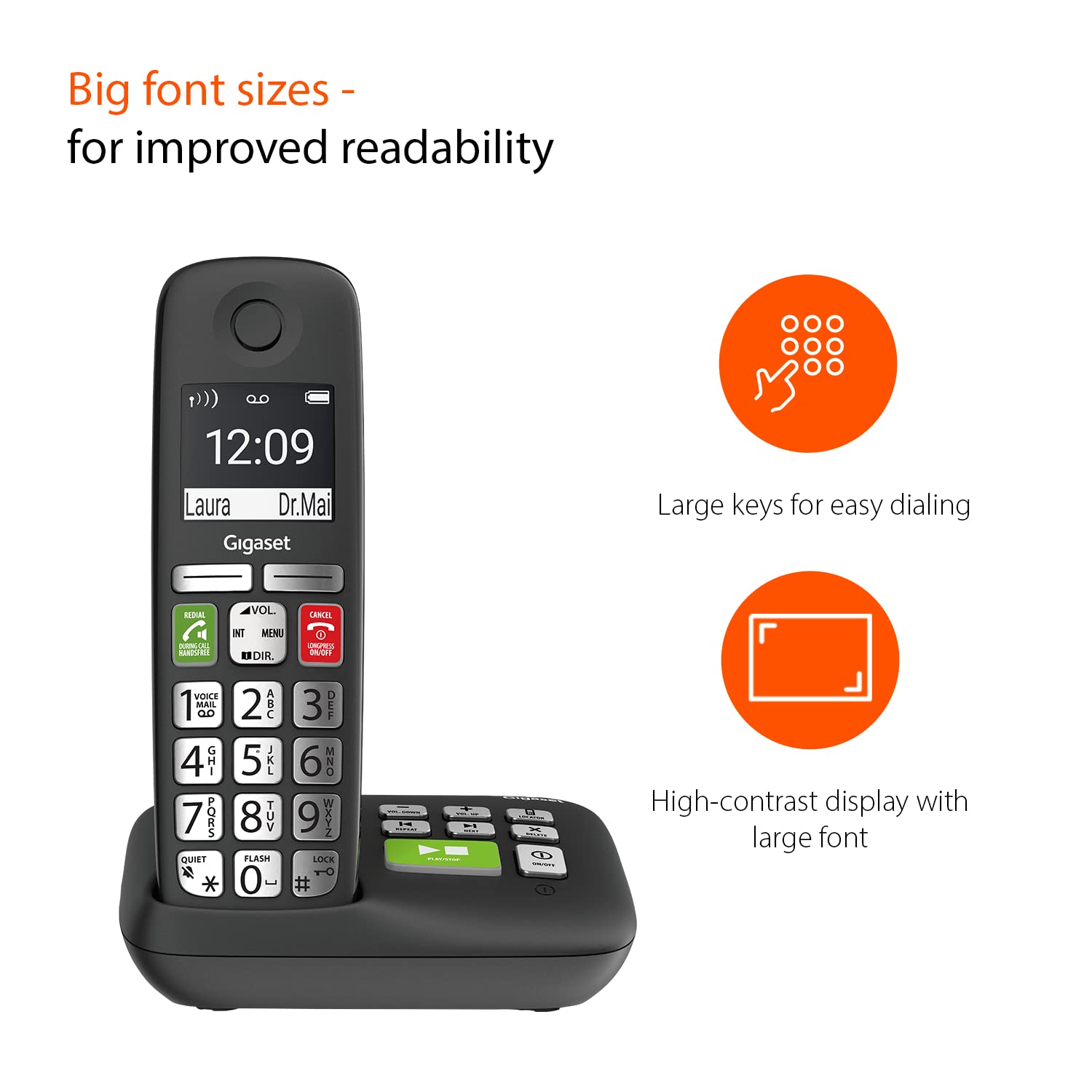 Gigaset E295A Duo   Two Big Button Phones Cordless   Made In Germany   Big 2� Display   Extra Large Keys And Easy Usability   Call Blocker   Phonebook With 100 Contacts, Black