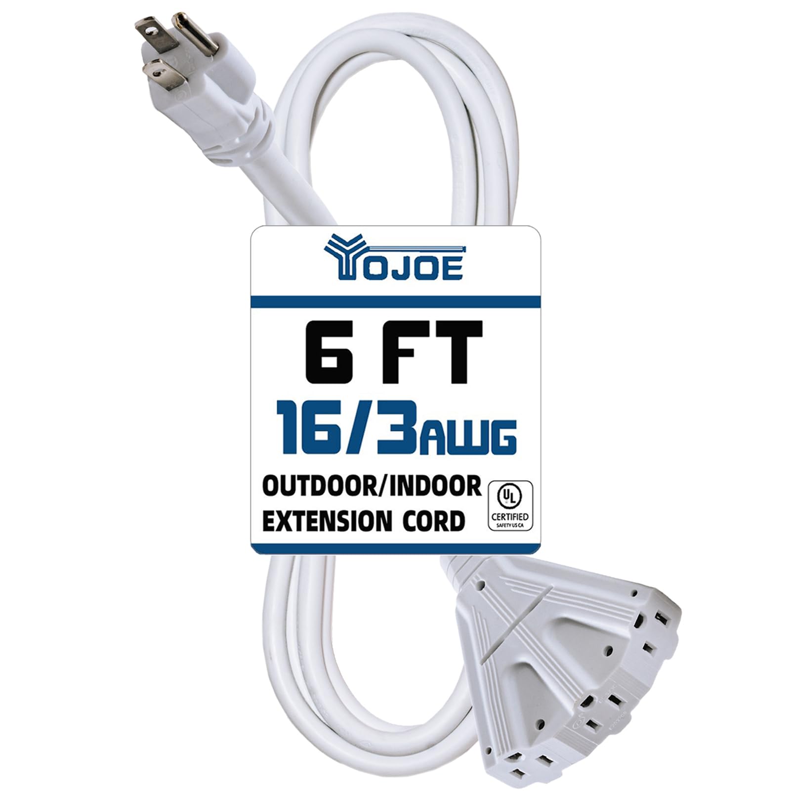 Yojoe 3 Outlets Indoor Outdoor Extension Cord, 3 Prong 13A Weatherproof Power Cord Multiple Outlets, 16 Gauge Heavy Duty 6 Ft Wh