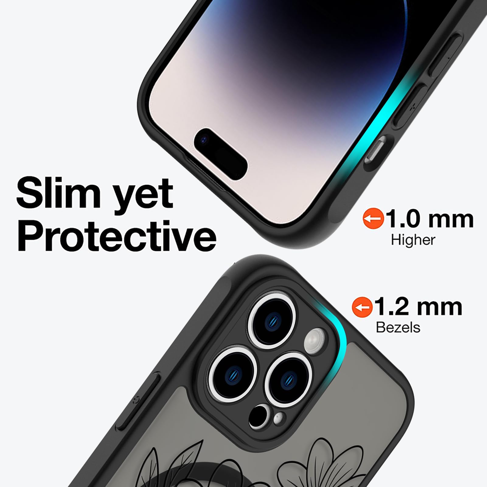 Ook Magnetic For Iphone 14 Pro Max Case Black Flower Sunflower Pattern [Compatible With Magsafe] Slim Translucent Matte Camera L