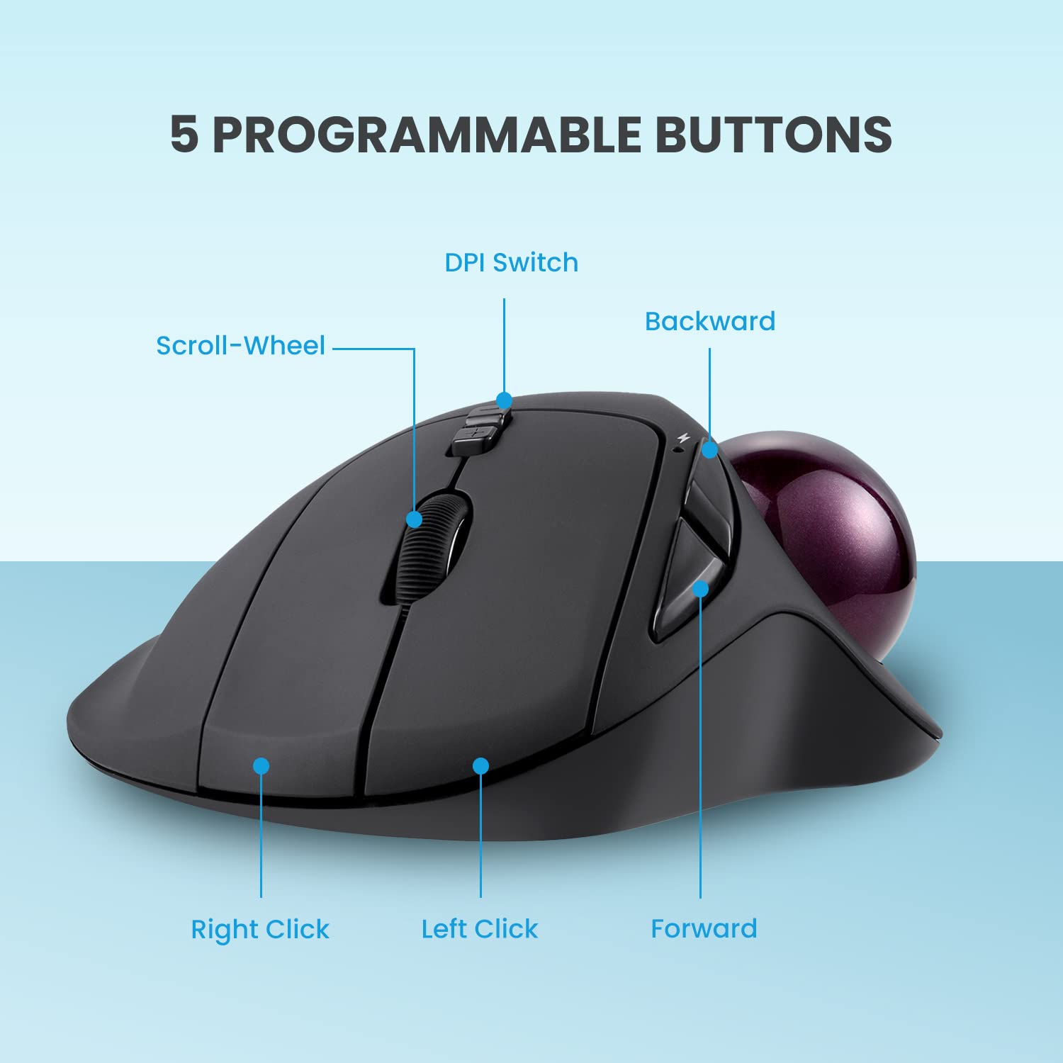 Perixx11568 Perimice 717 Wireless Trackball Mouse, Build In 1.34 Inch Trackball With Pointing Feature, 5 Programmable Buttons, 2 Dpi Level, Black