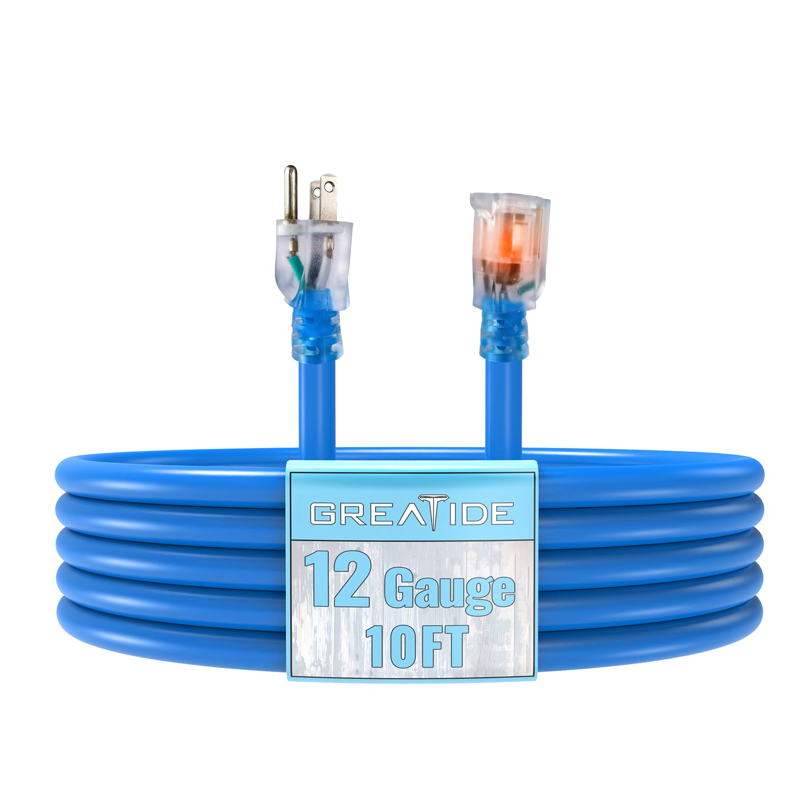 Greatide Outdoor Extension Cord With Lighted End, 12 Gauge Heavy Duty Extension Cord 10 Ft, 3 Prong Grounded 15 Amp Extension Co