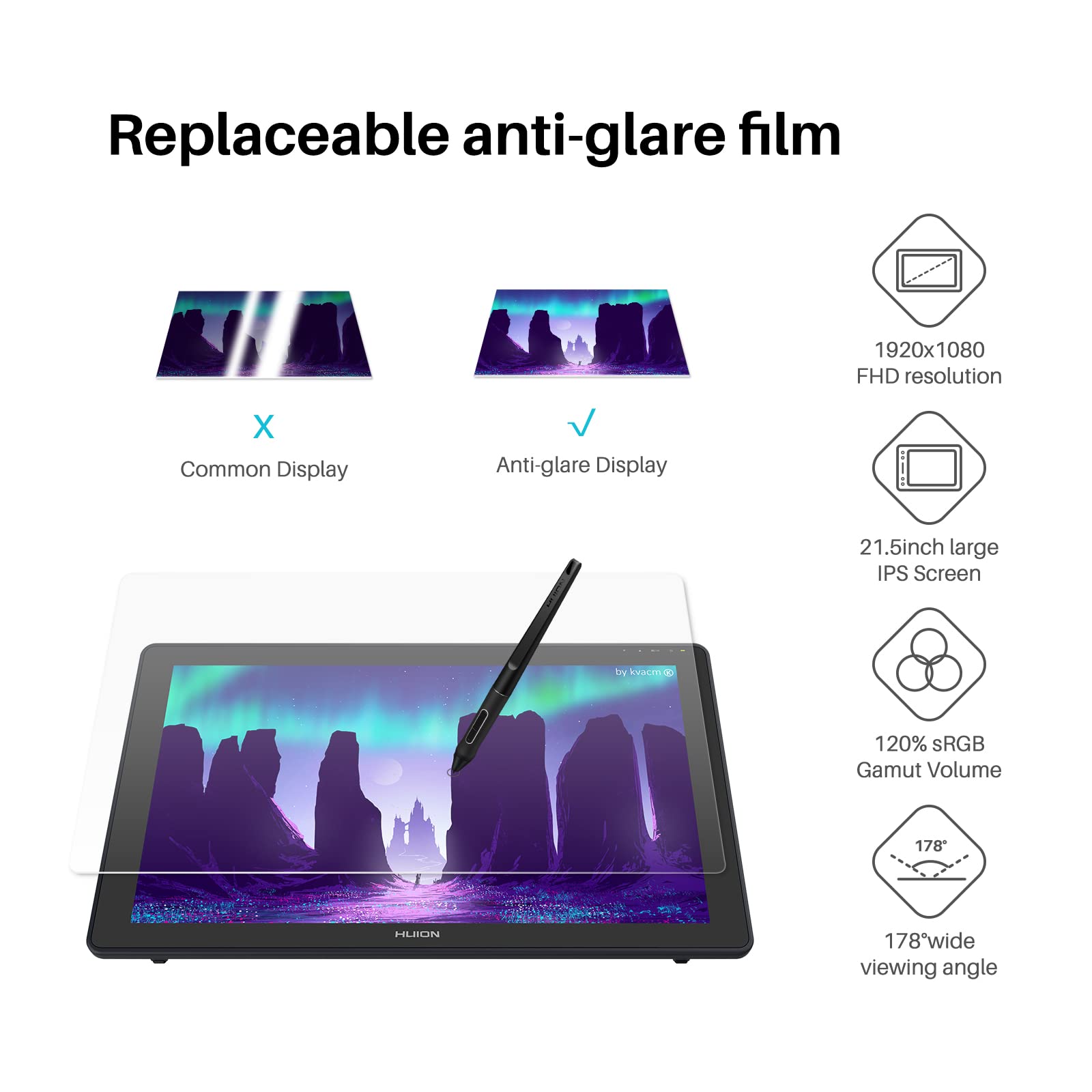 Huion Kamvas 22 Graphics Drawing Tablet With Screen 120% Srgb Pw517 Battery-Free Stylus Adjustable Stand, 21.5Inch Pen Display F