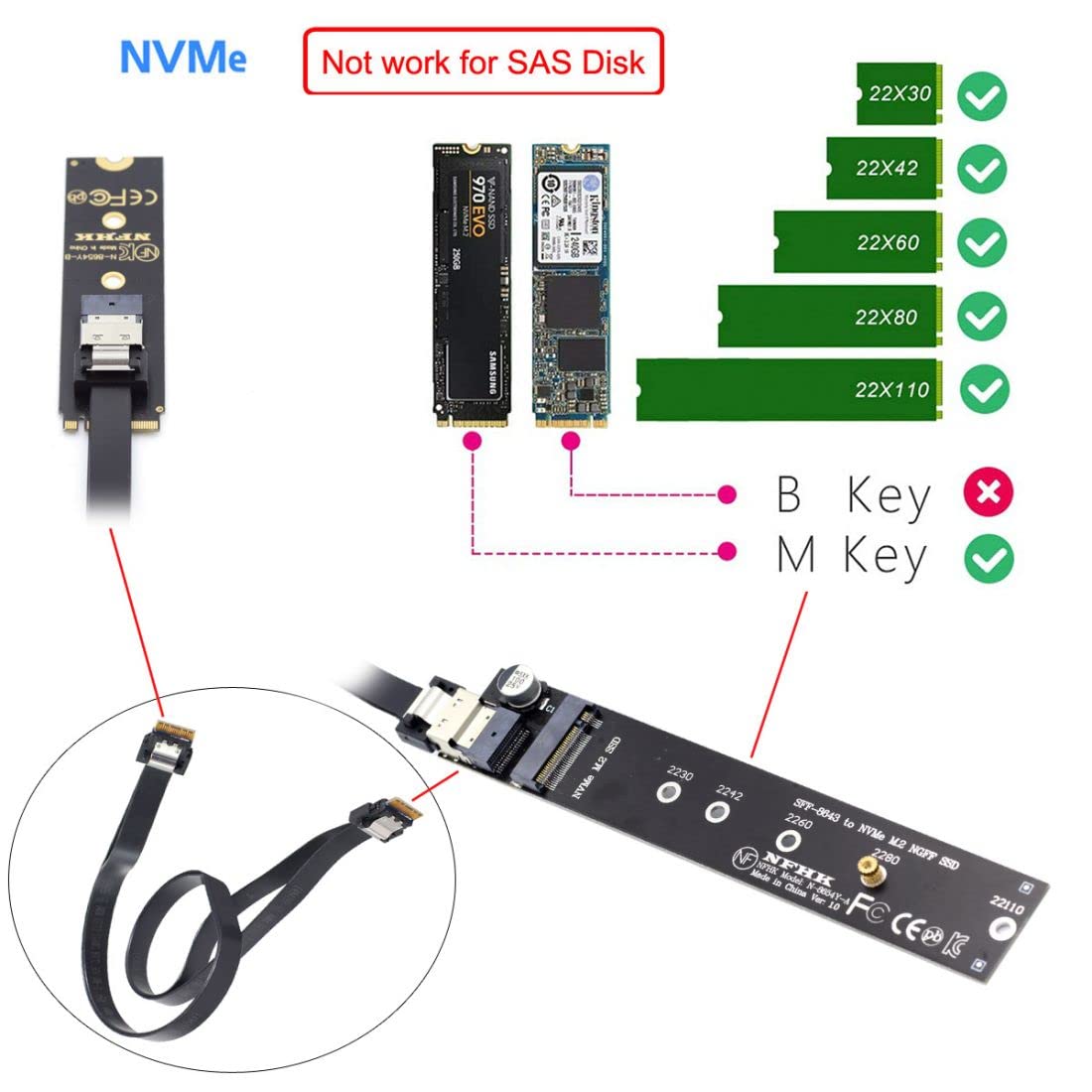 chenyang M.2 NVME M-Key SSD Male to Female Extension Cable SFF-8654 Connector 40cm Copper Black