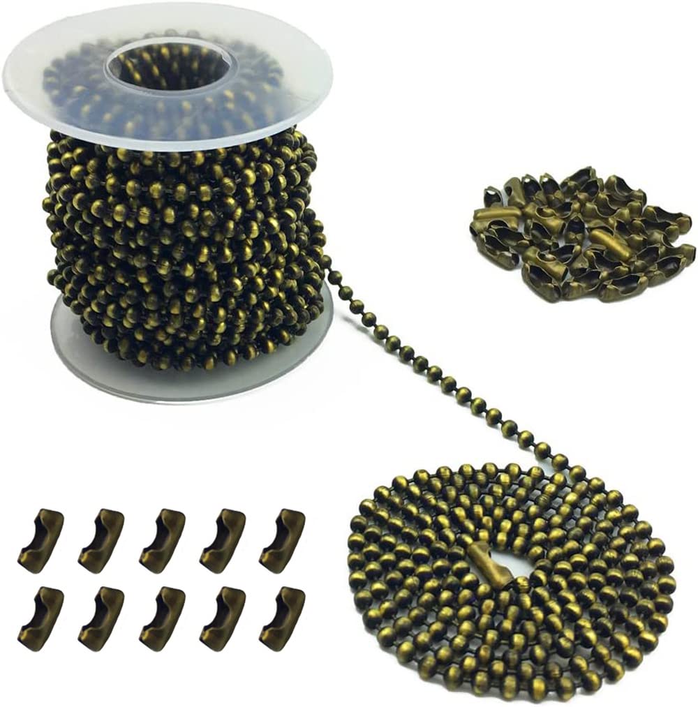 Hyamass 10 Yards 3Mm Diameter Bronze Beaded Pull Chain Extension Ceiling Light Fan Chain With 30 Matching Connectors, Rolled Pac